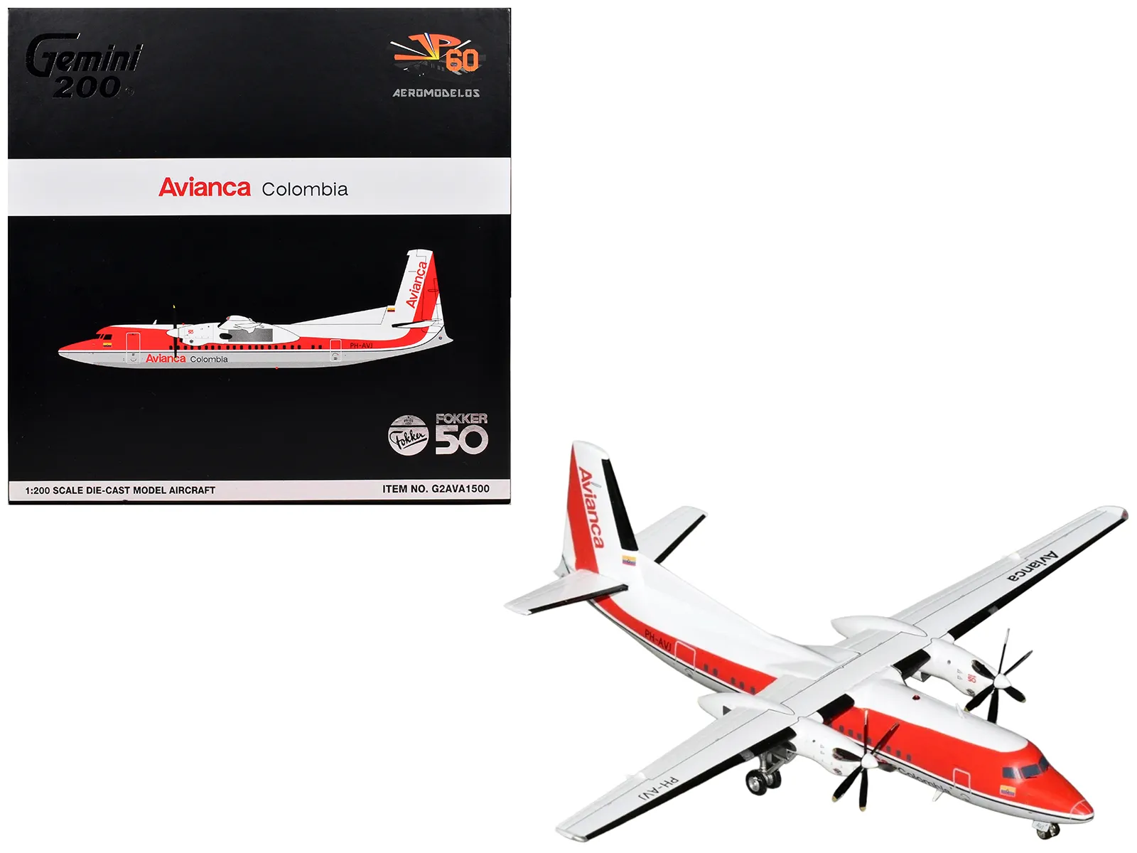 GeminiJets G2AVA1500 — Fokker F50 Commercial Aircraft "Avianca Colombia" (PH-AVJ) White with Red Stripes "Gemini 200" Series 1/200 Diecast Model Airplane by GeminiJets
