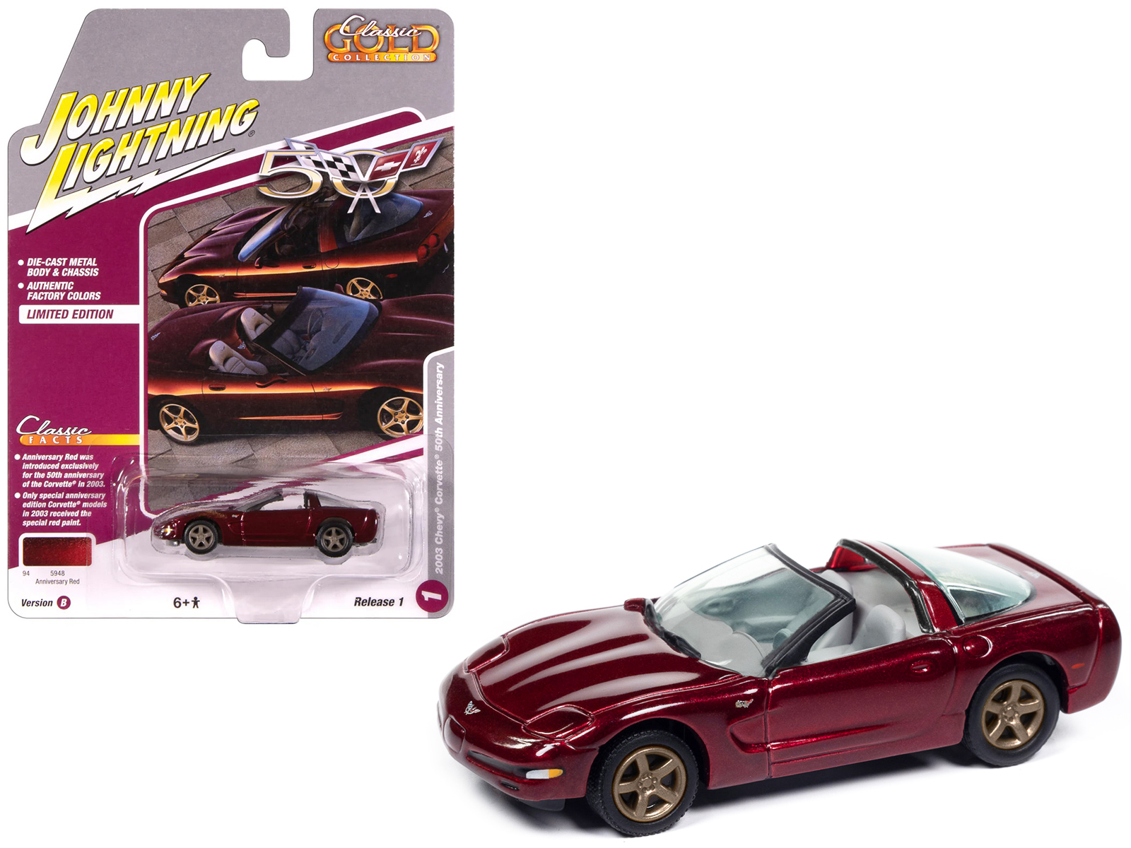 Johnny Lightning JLCG033-JLSP387B — 2003 Chevrolet Corvette Convertible "50th Anniversary" Anniversary Red Metallic "Classic Gold Collection" 1/64 Diecast Model Car by Johnny Lightning