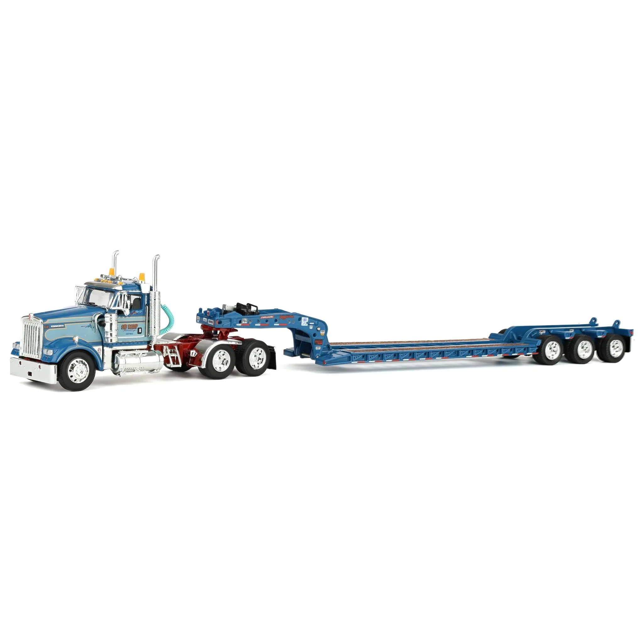 First Gear 60-2356 — Kenworth W900L Day Cab and Fontaine Magnitude Lowboy Trailer "Sid Kamp" Blue and Light Blue Two-Tone 1/64 Diecast Model by DCP/First Gear