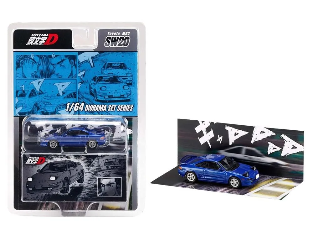 Hobby Japan HJDMD009 — Toyota MR2 (SW20) RHD (Right Hand Drive) Blue Metallic "Kai Kogashiwa VS Takumi Fujiwara - Initial D" (1995-2013) Manga "Diorama Set Series" 1/64 Diecast Model Car by Hobby Japan