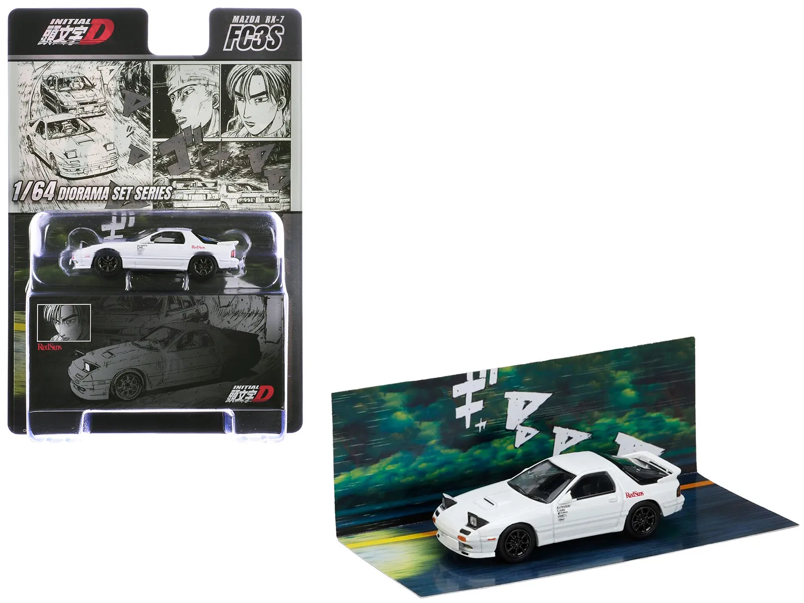 Hobby Japan HJDMD003B — Mazda RX-7 (FC3S) RHD (Right Hand Drive) "RedSuns" White "Ryosuke Takahashi VS Kyoichi Sudou - Initial D" (1995-2013) Manga "Diorama Set Series" 1/64 Diecast Model Car by Hobby Japan
