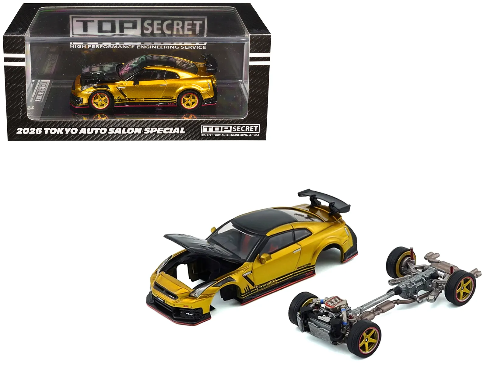 Bm Creations 64B0494 — Nissan "Top Secret" GT-R (R35) RHD (Right Hand Drive) Gold Metallic with Carbon Hood and Top "Tokyo Auto Salon 2026" 1/64 Diecast Model Car by BM Creations