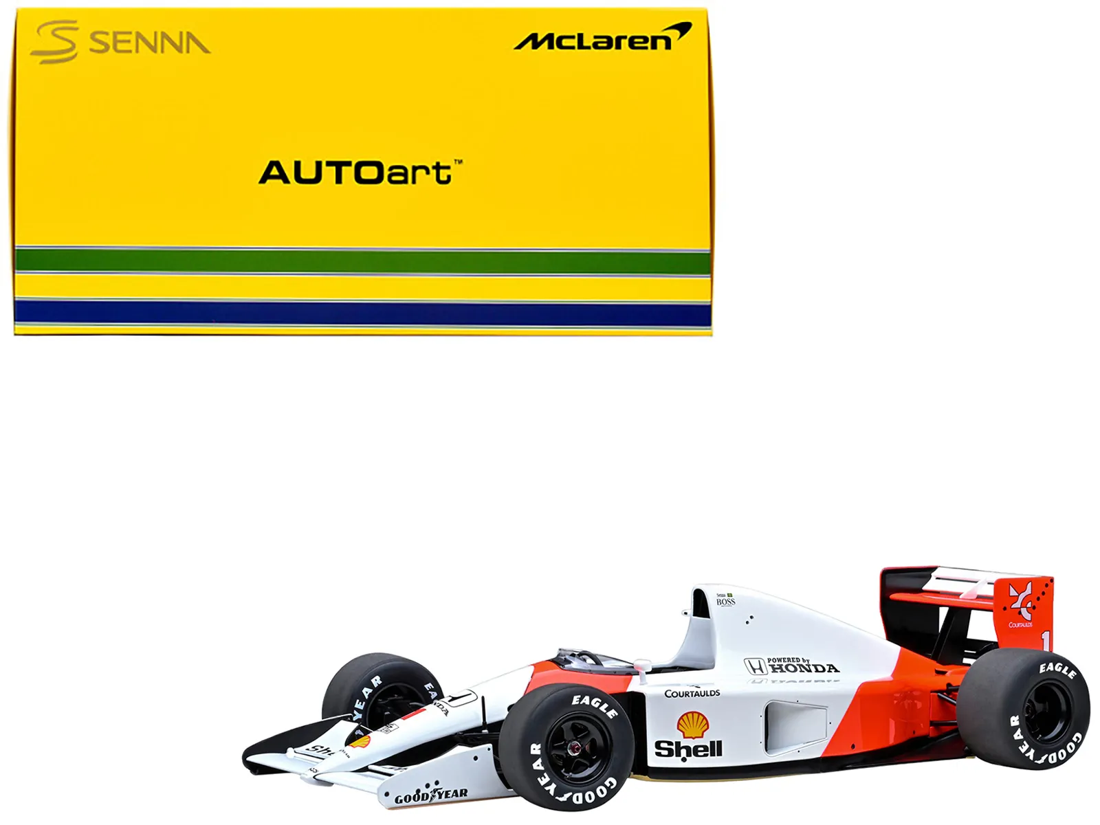 Autoart 89150 — McLaren Honda MP4/6 #1 Ayrton Senna 2nd Place Formula One F1 Japanese GP (1991) (without McLaren Logo) 1/18 Model Car by Autoart