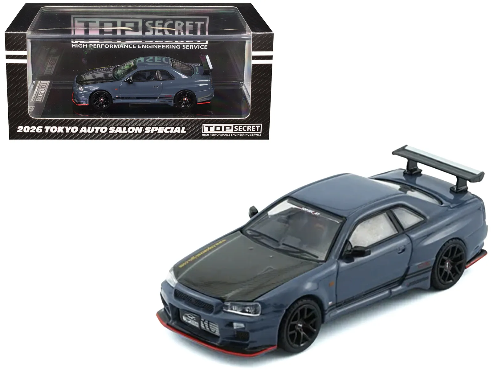 Bm Creations 64B0498 — Nissan "Top Secret" Skyline GT-R (BNR34) RHD (Right Hand Drive) Stealth Gray with Carbon Hood "Tokyo Auto Salon 2026" 1/64 Diecast Model Car by BM Creations