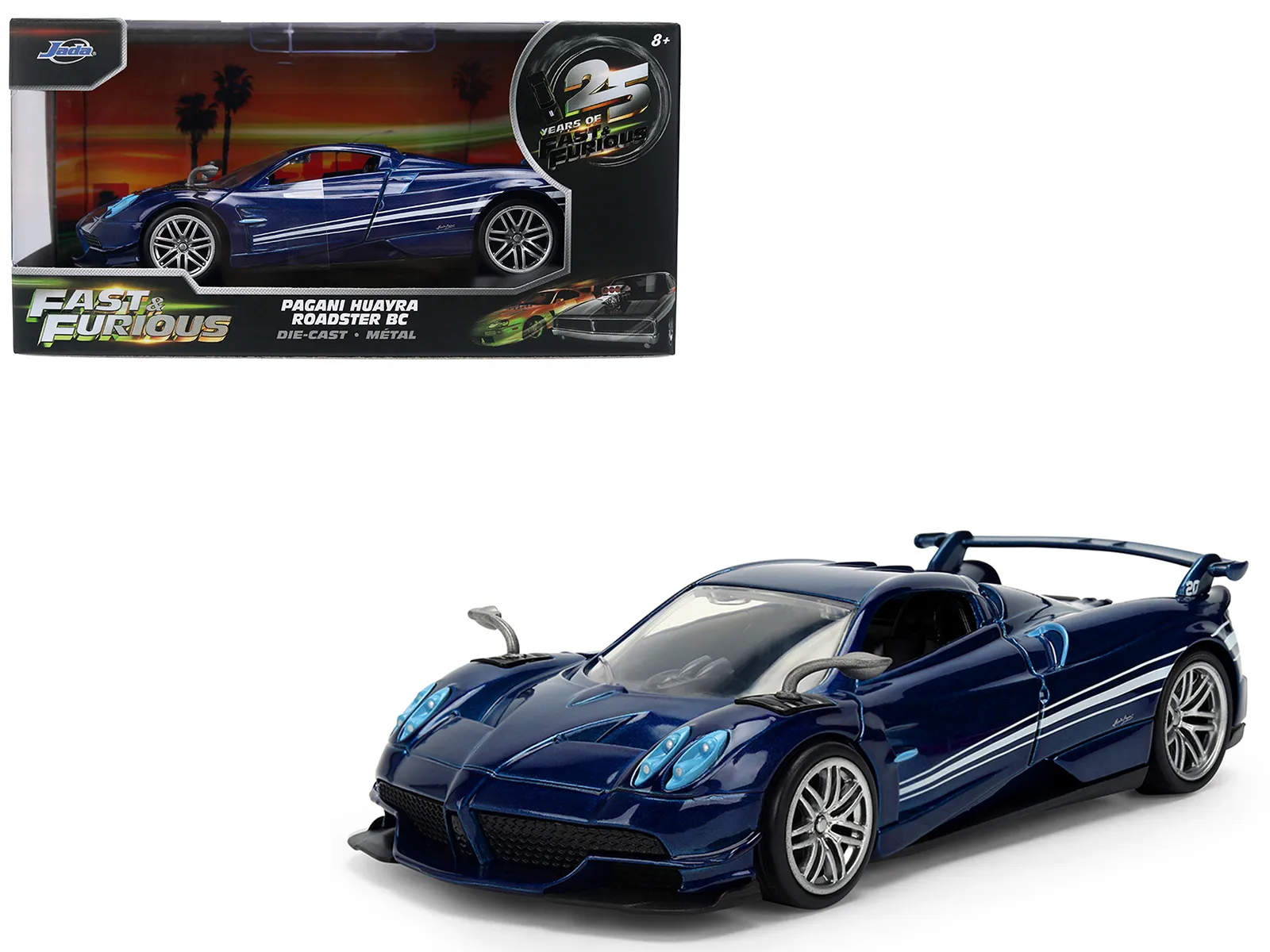 Jada Toys 36883-25TH — Pagani Huayra Roadster BC Blue Metallic with White Stripes "Fast X" (2023) Movie "Fast & Furious 25th Anniversary" Series 1/32 Diecast Model Car by Jada