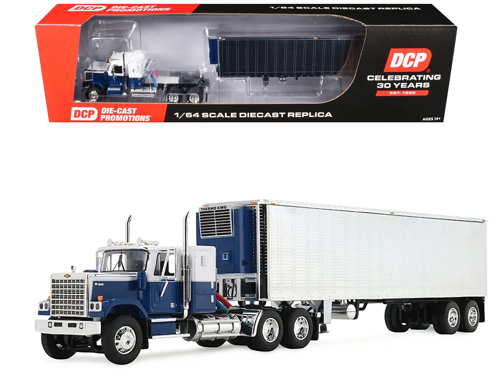 First Gear 60-2345 — Chevrolet Bison with 34" Flat Top Sleeper & 40' Vintage Trailer with Reefer Blue and White 1/64 Diecast Model by DCP/First Gear