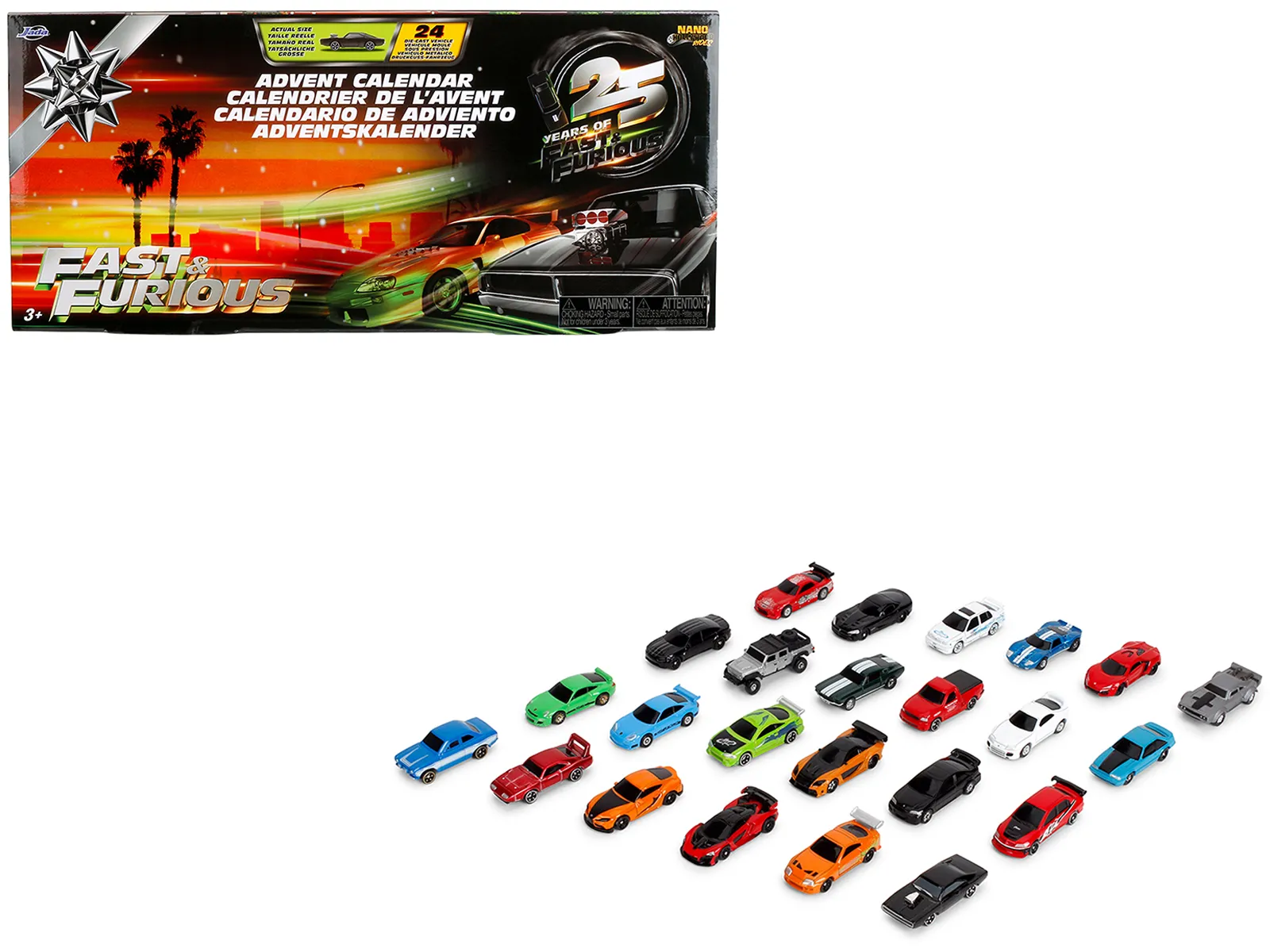 Jada Toys 37872 — 25 Years of Fast & Furious Advent Calendar Set of 24 Nano Cars "Nano Hollywood Rides" Series Diecast Model Cars by Jada