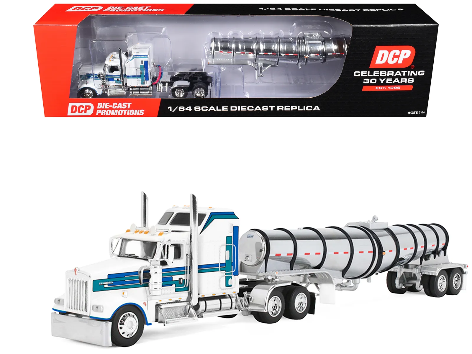 First Gear 60-2353 — Kenworth W900L with 60" Aerodyne Sleeper and Polar Deep Drop Trailer White with Blue and Green Stripes 1/64 Diecast Model by DCP/First Gear
