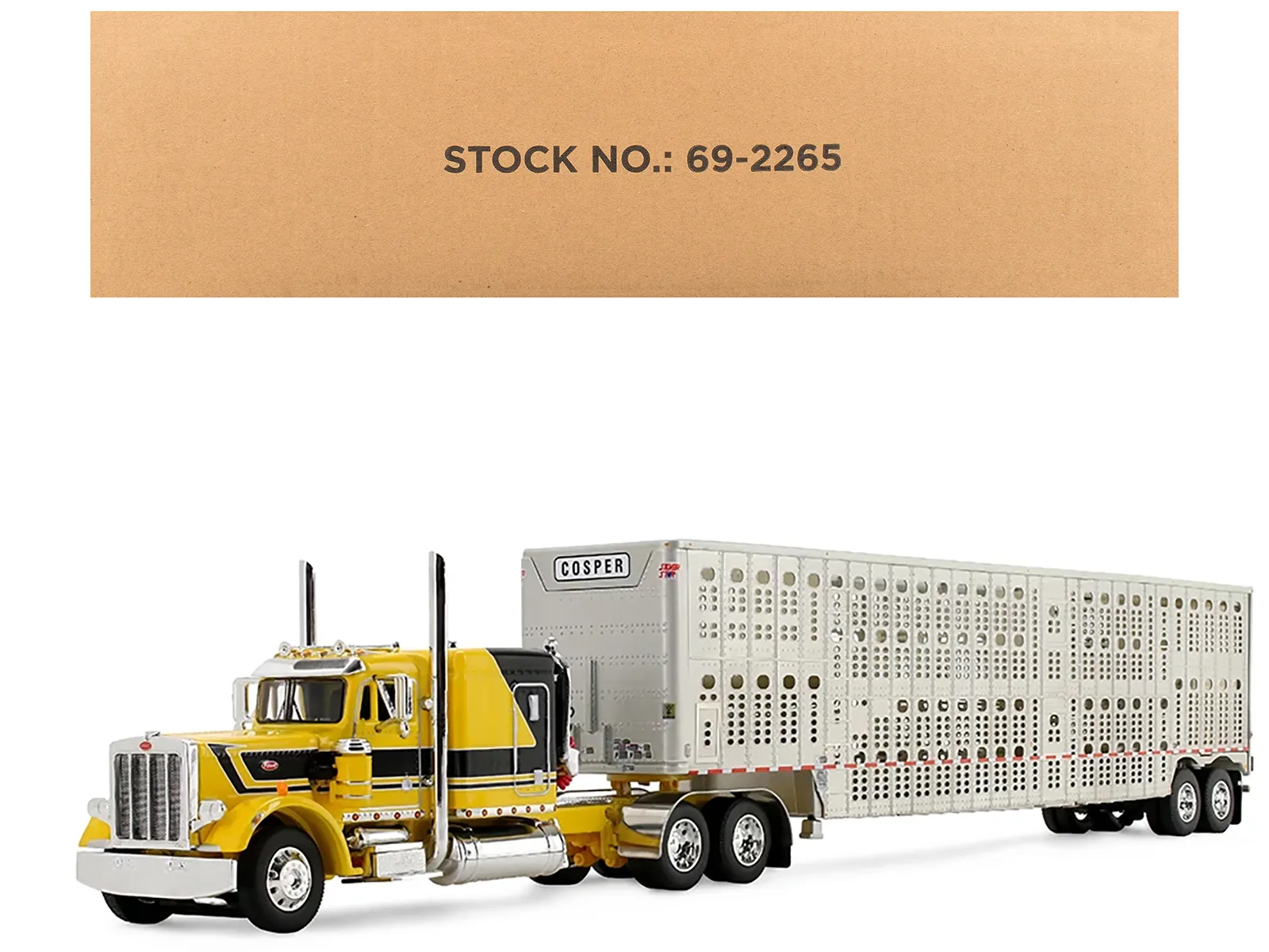 First Gear 69-2265 — Peterbilt 359 with 63" Flat Top Sleeper & Wilson Silverstar Livestock Trailer "Red's Favorites - Hank Cosper" Yellow with Black Stripes 1/64 Diecast Model by DCP/First Gear