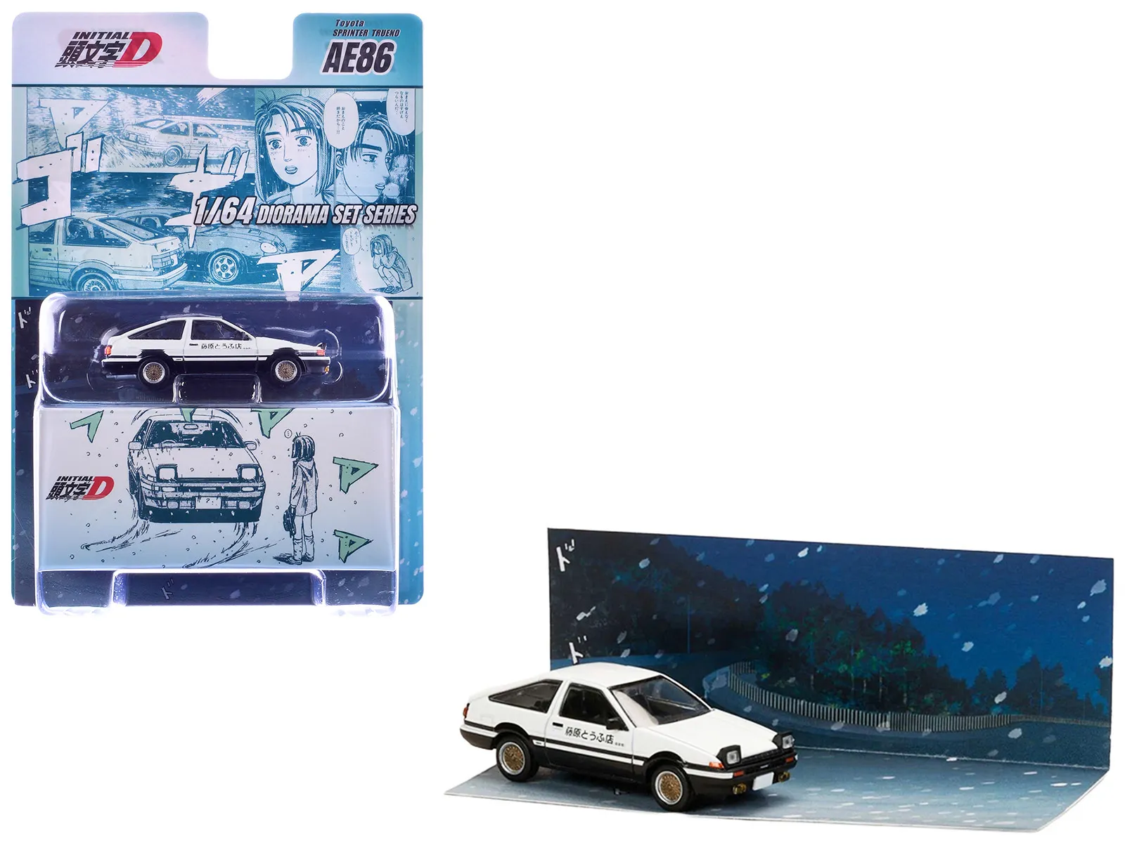 Hobby Japan HJDMD001F — Toyota Sprinter Trueno (AE86) RHD (Right Hand Drive) White with Black Stripes "Takumi Fujiwara & Natsuki Mogi - Initial D" (1995-2013) Manga "Diorama Set Series" 1/64 Diecast Model Car by Hobby Japan