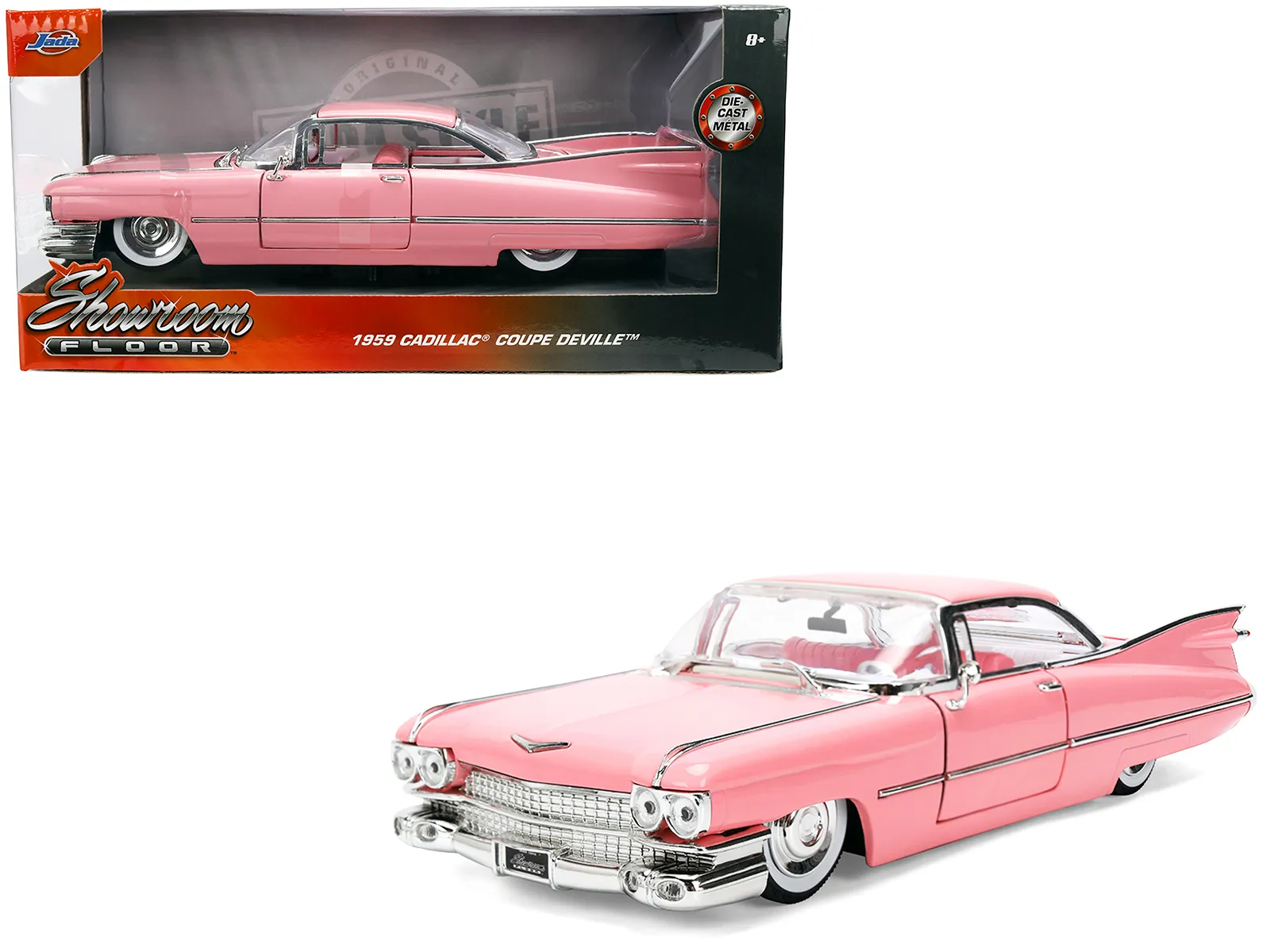 Jada Toys 38004 — 1959 Cadillac Coupe DeVille Pink with Pink and White Interior "Showroom Floor" Series 1/24 Diecast Model Car by Jada