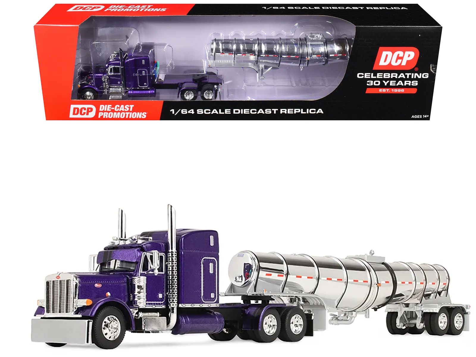 First Gear 60-2354 — Peterbilt 379 with 63" Mid-Roof Sleeper and Polar Deep Drop Trailer Wild Orchid Purple with Black Stripes 1/64 Diecast Model by DCP/First Gear