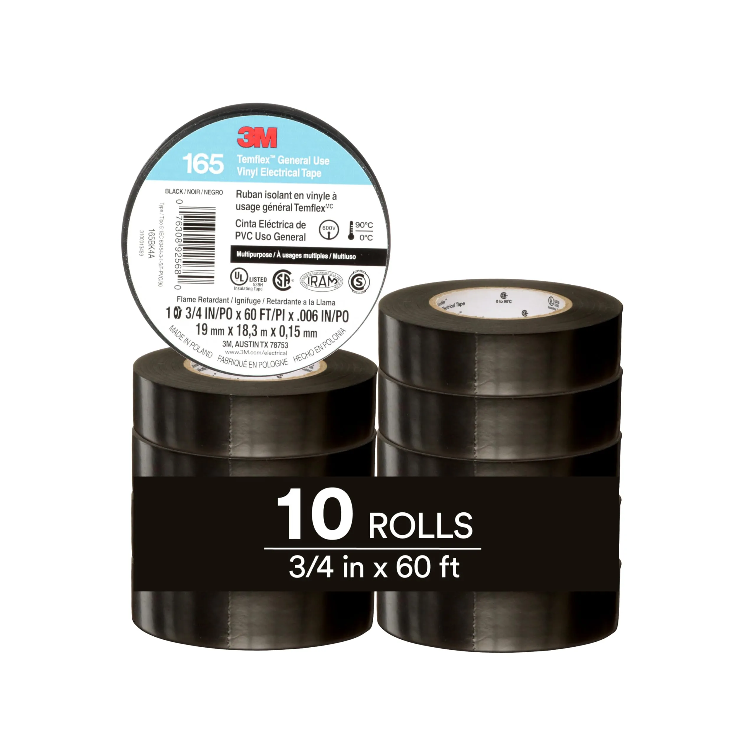 3M 3M 165BK4A — BLACK ELECTRICAL TAPE 66' X 3/4"