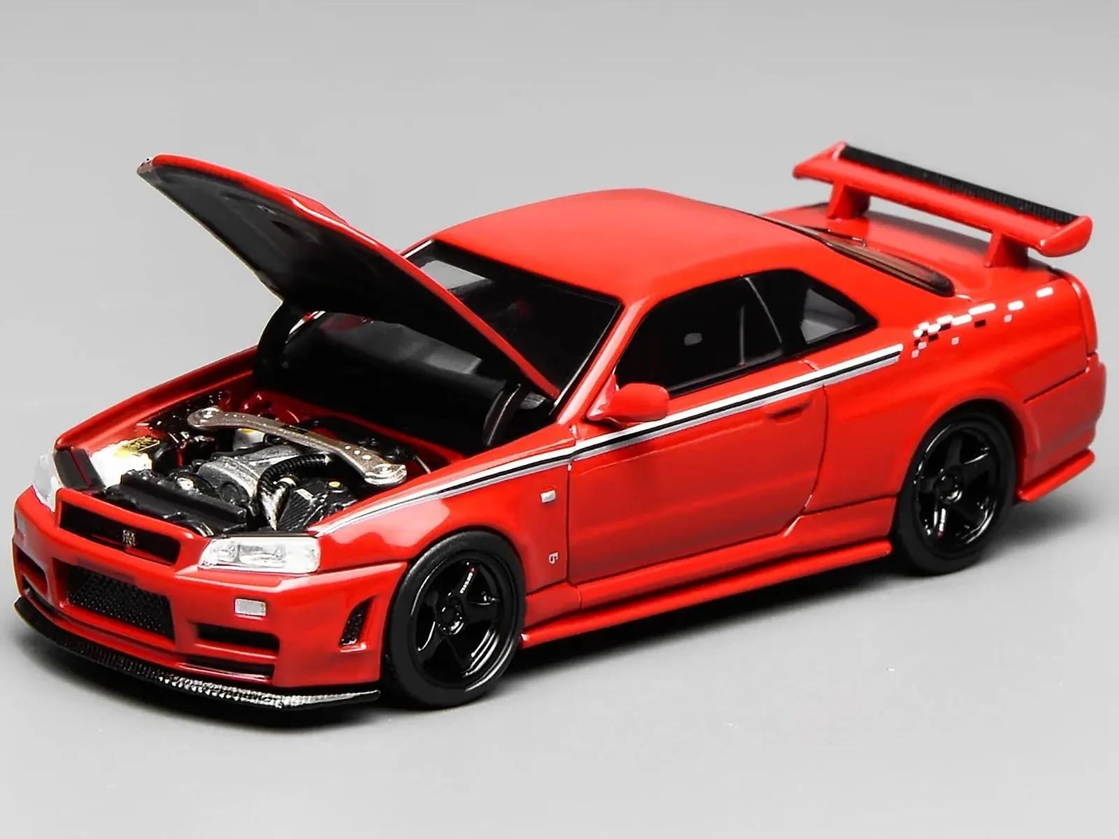 Motorhelix M63420 — Nissan Skyline GT-R (R34) Nismo RHD (Right Hand Drive) Custom Red with Stripes "Senior 64" Series 1/64 Diecast Model Car by MotorHelix