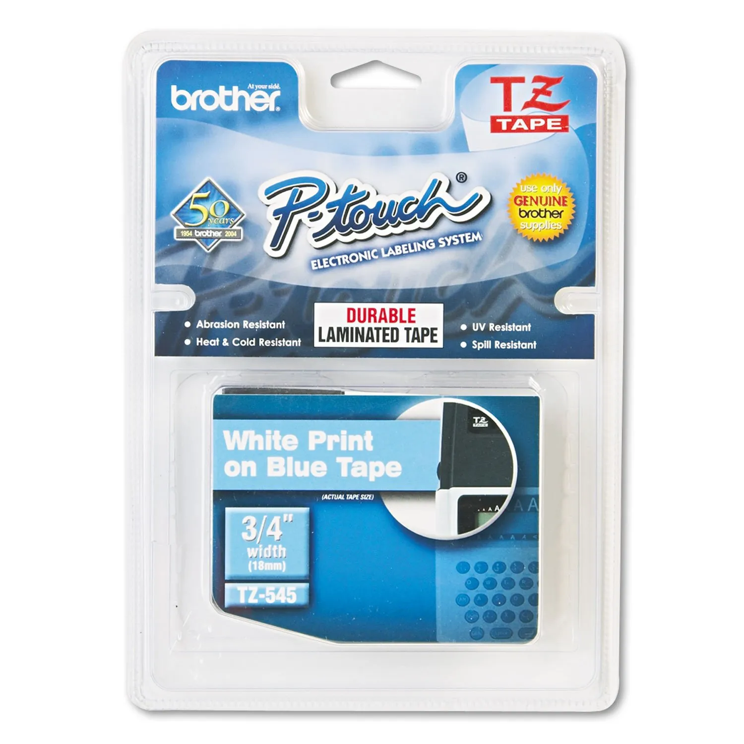 Brother TZE-545 — Brother 18mm (3/4") White on Blue Laminated Tape (8m/26.2') (1/Pkg) For use in TZ P-Touch: All TZ Machines Except PT-200 1100 1130 1300 1160 1170S 1180 1200 2030 2730 ST-1150