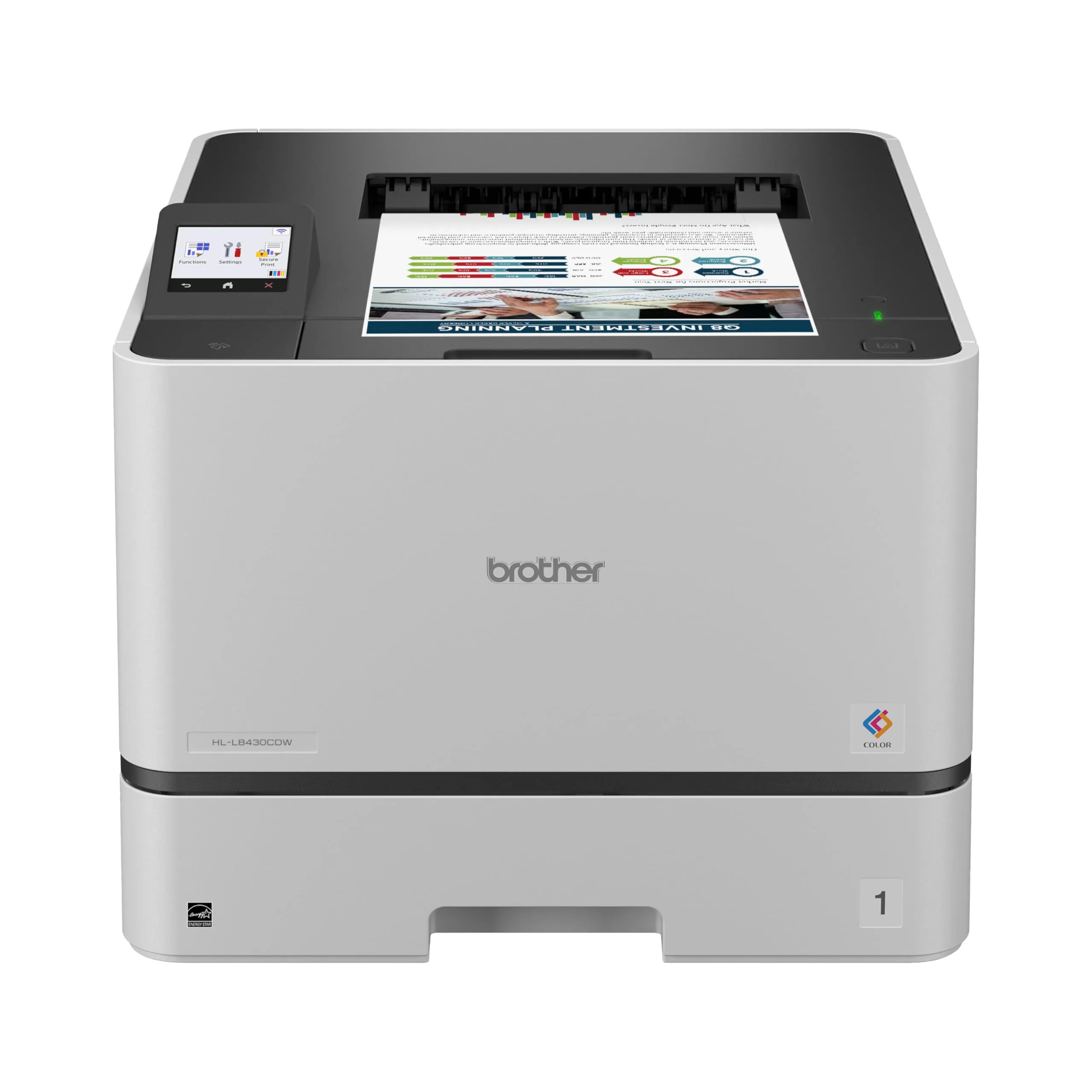 Brother BRT HLL8430CDW — Brother HL-L8430CDW Wired/Wireless Laser Printer - Color - 33 ppm Mono / 33 ppm Color - 2400 x 600 dpi Print - Automatic Duplex Print - 250 Sheets Input - Ethernet - Wireless LAN - Apple AirPrint, Mopria, Brother Mobile Connect, Wi-Fi Direct - Plain Paper Print - Gigabit Ethernet - USB