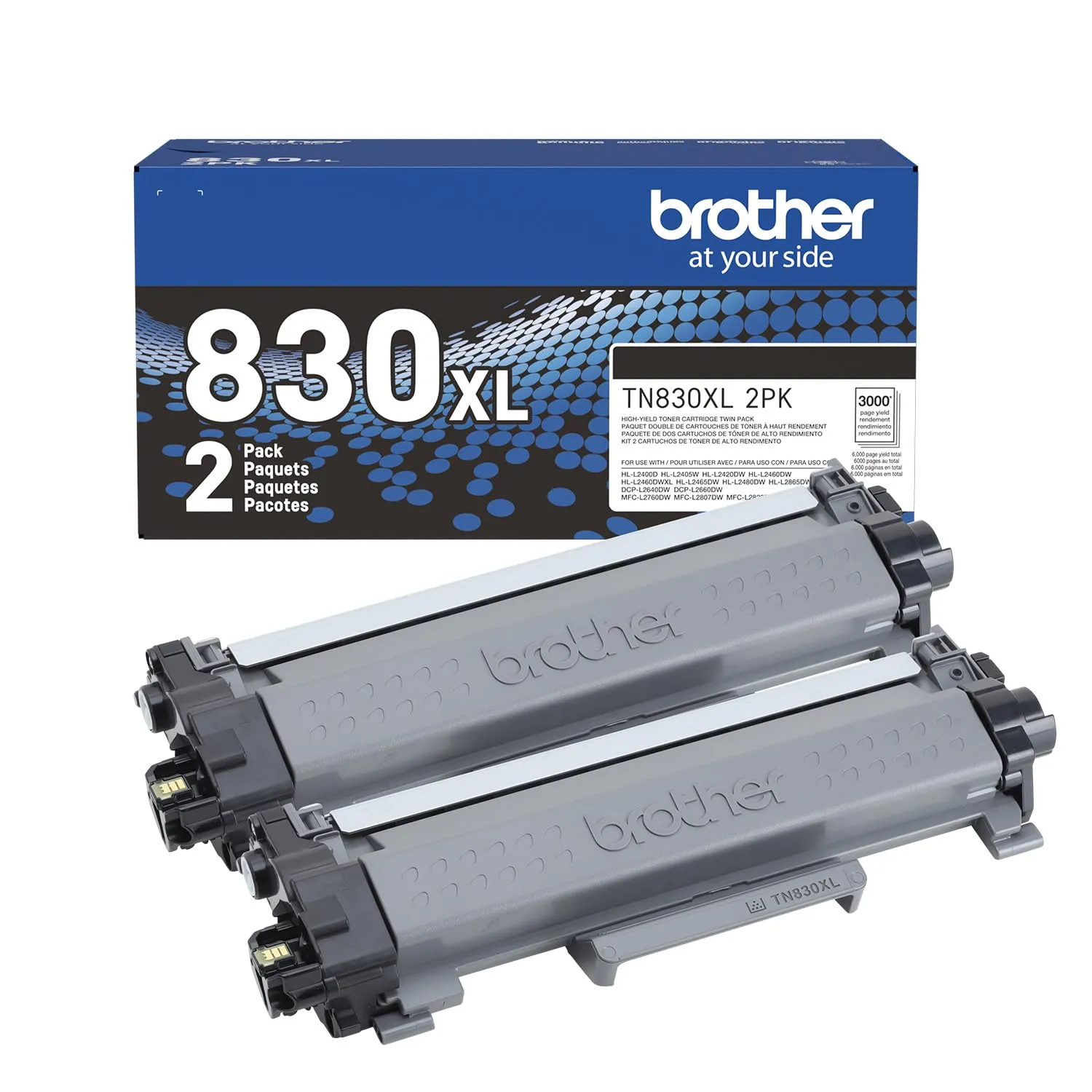 Brother TN830XL2PK — BROTHER TN830XL2PK BLACK 2 PACK OF HIGH YIELD BLACK TONER CARTRIDGES FOR USE IN