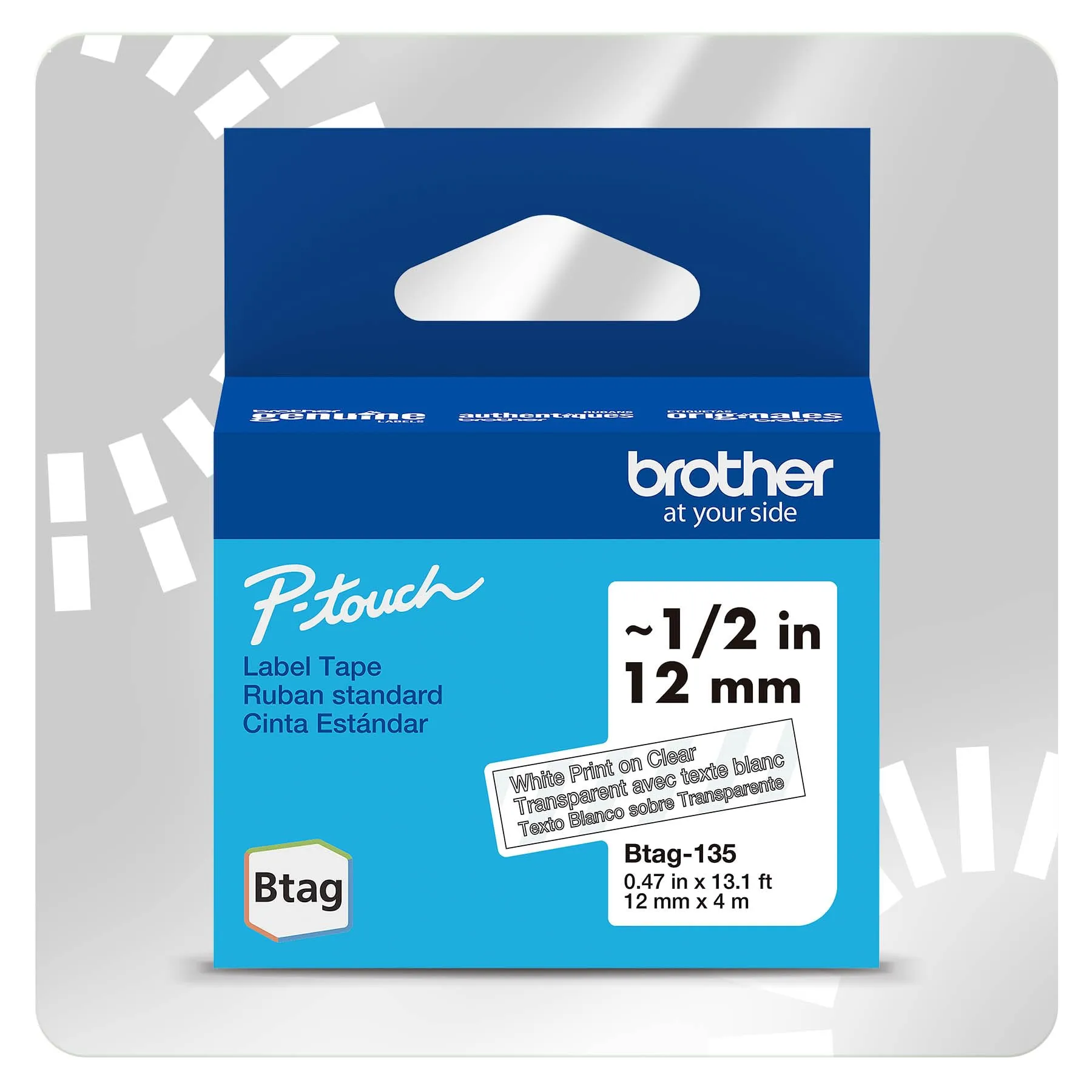Brother BTAG135 — BROTHER BTAG135 LABEL 0.47 IN X 13.1 FT (12 MM X 4 M) BTAG WHITE PRINT ON CLEAR