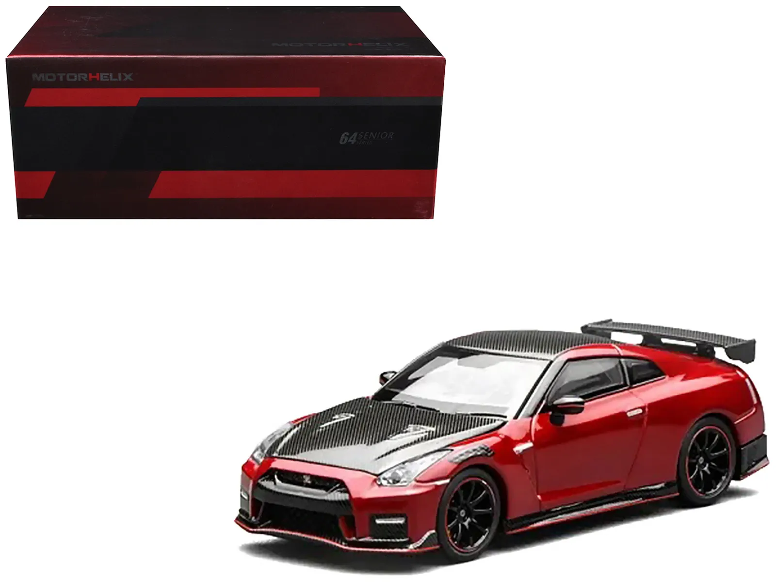 Motorhelix M63522 — 2022 Nissan GT-R Nismo (R35) RHD (Right Hand Drive) Vibrant Red with Carbon Hood and Top "Senior 64" Series 1/64 Diecast Model Car by MotorHelix