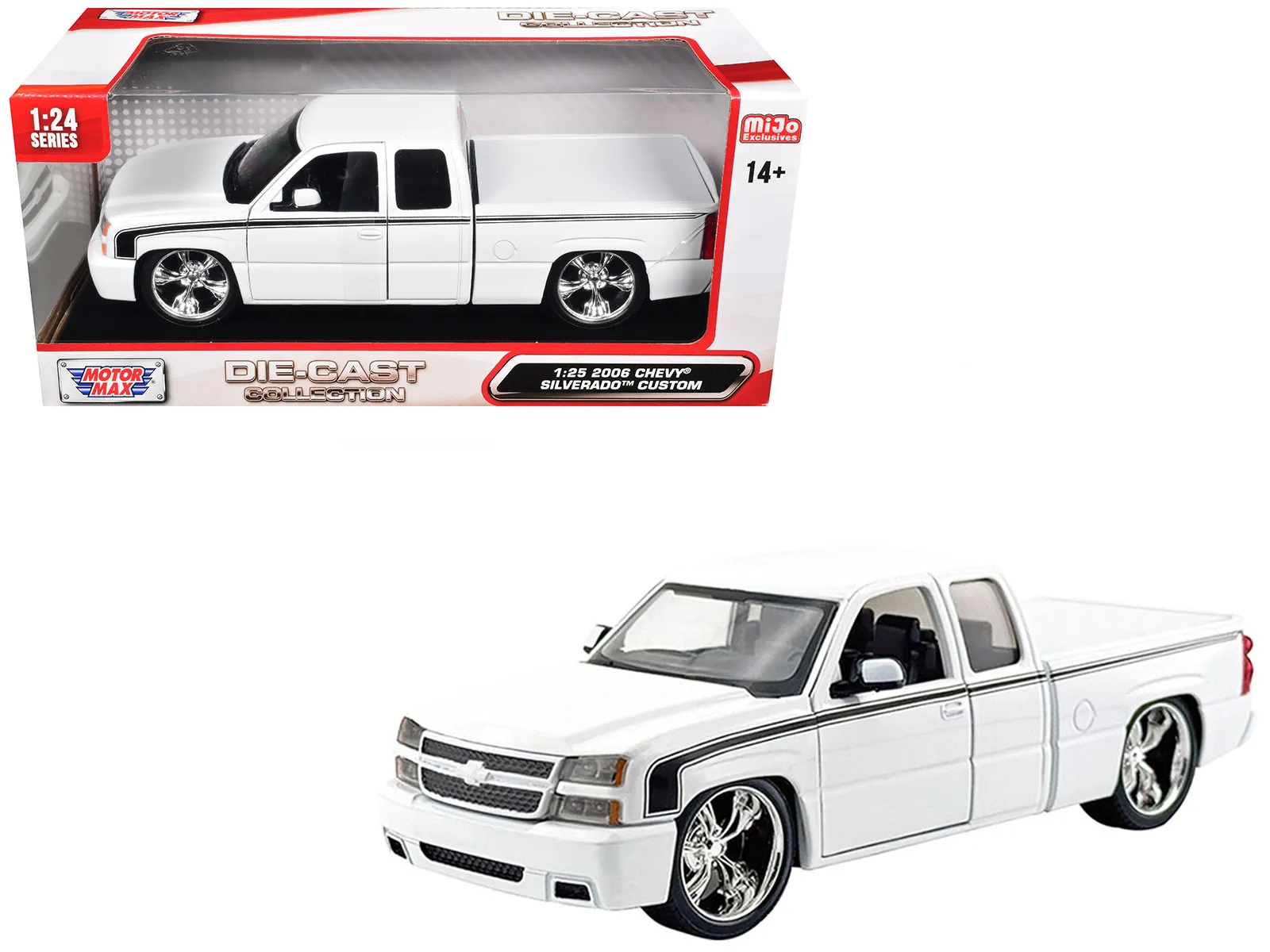 Motormax 79039-WH — 2006 Chevrolet Silverado Custom Pickup Truck White with Black Stripes "Die-Cast Collection" Series 1/25 Diecast Model Car by Motormax