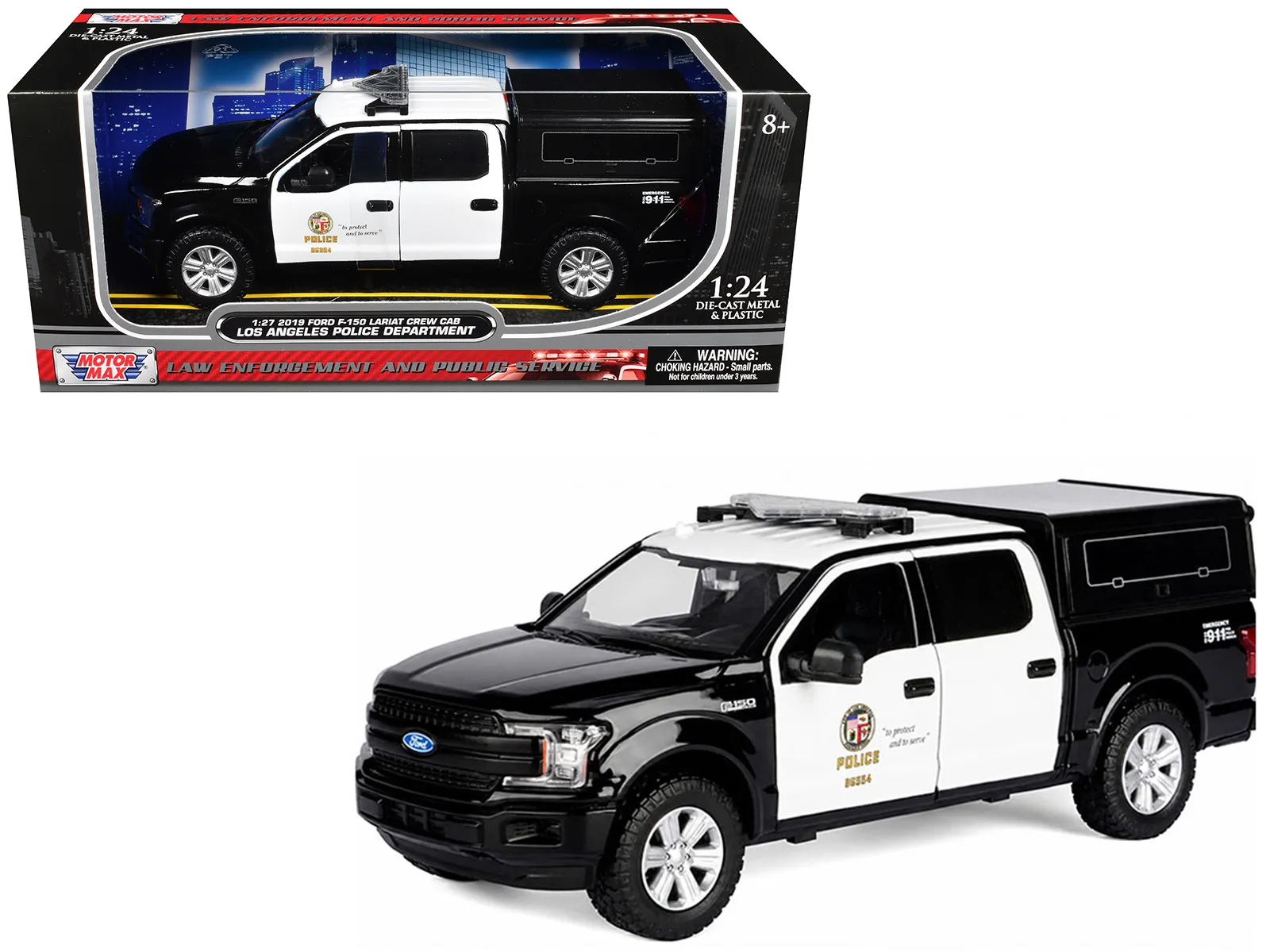 Motormax 76819 — 2019 Ford F-150 Lariat Crew Cab Pickup Truck with Camper "Los Angeles Police Department" Black and White "Law Enforcement and Public Service" Series 1/27 Diecast Model Car by Motormax