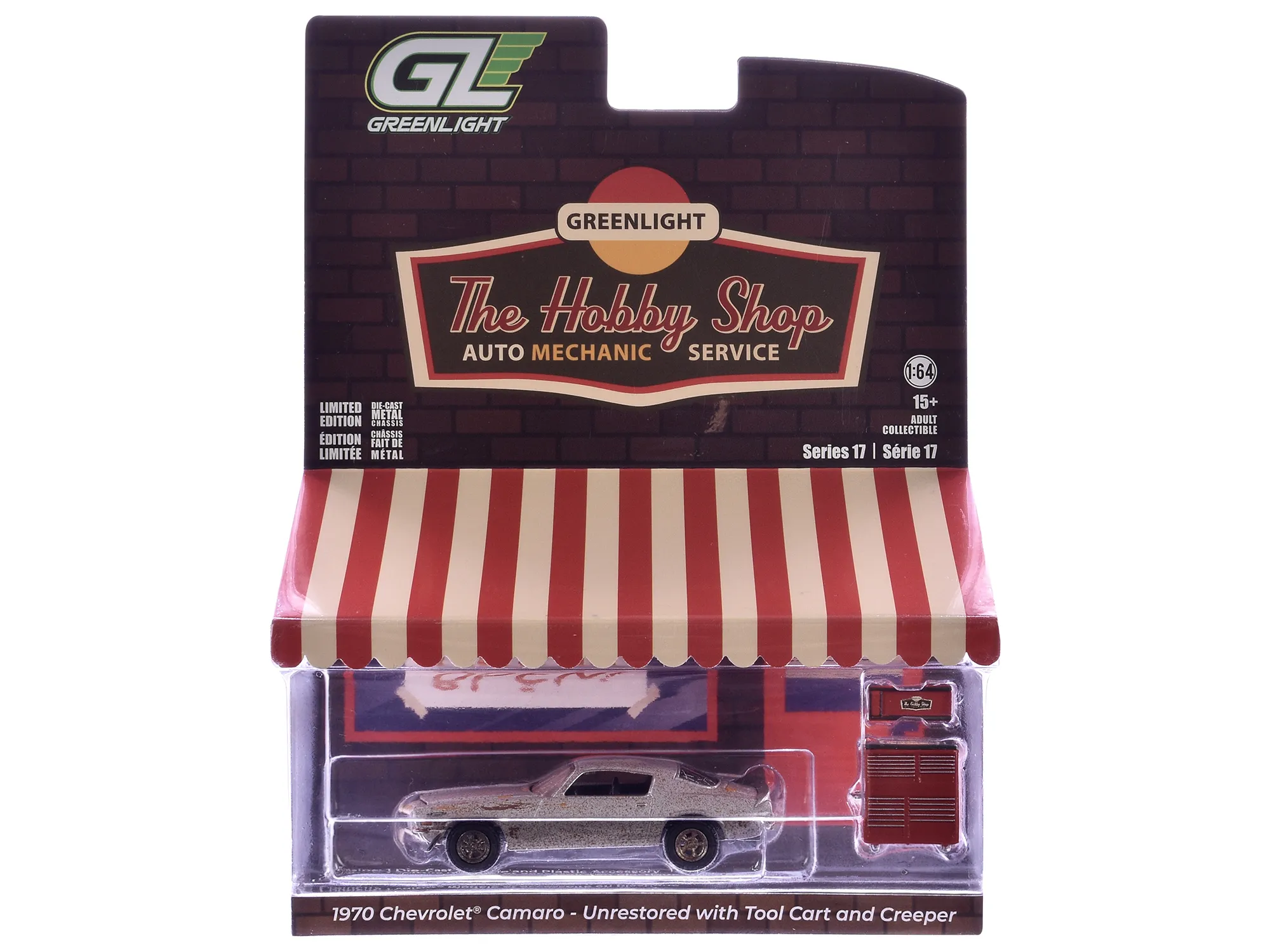 Greenlight 97170C — 1970 Chevrolet Camaro Cortez Silver (Unrestored) with Tool Cart and Creeper "The Hobby Shop" Series 17 1/64 Diecast Model Car by Greenlight