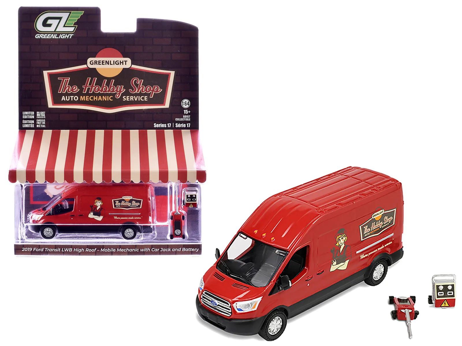 Greenlight 97170E — 2019 Ford Transit LWB High Roof Van "Hobby Shop Auto Mechanic - Mobile Mechanic" Red with Car Jack and Battery "The Hobby Shop" Series 17 1/64 Diecast Model Car by Greenlight