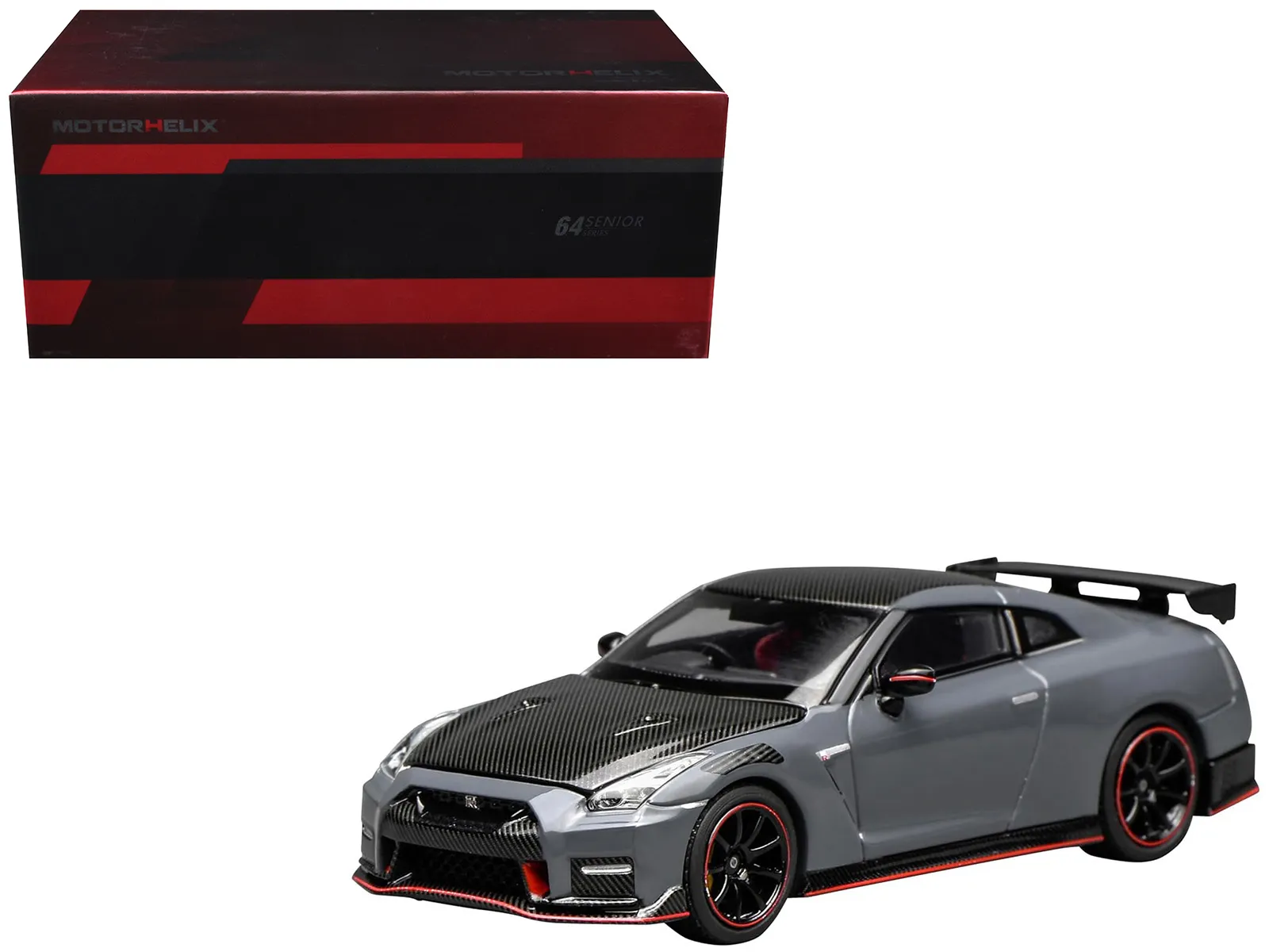 Motorhelix M63521 — 2022 Nissan GT-R Nismo (R35) RHD (Right Hand Drive) Stealth Gray with Carbon Hood and Top "Senior 64" Series 1/64 Diecast Model Car by MotorHelix