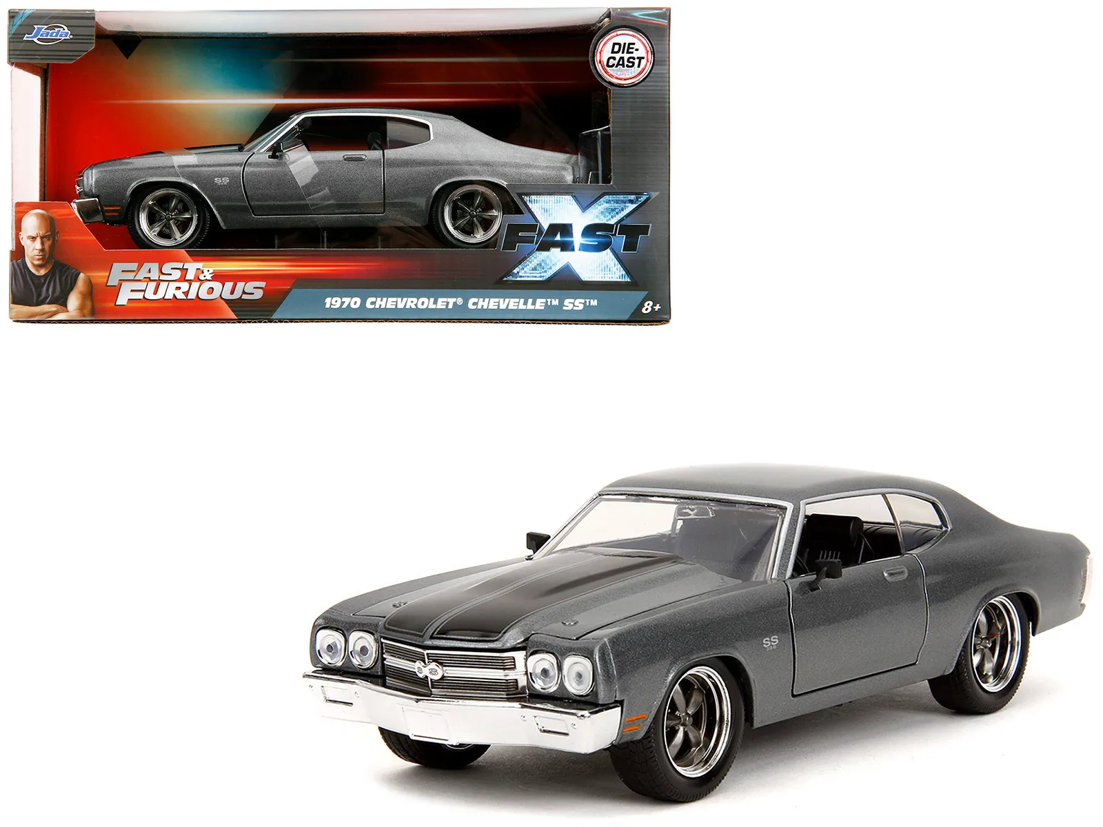 Jada Toys 34923 — 1970 Chevrolet Chevelle SS Gray Metallic with Black Stripes "Fast & Furious" (2009) Movie "Fast & Furious" Series 1/24 Diecast Model Car by Jada