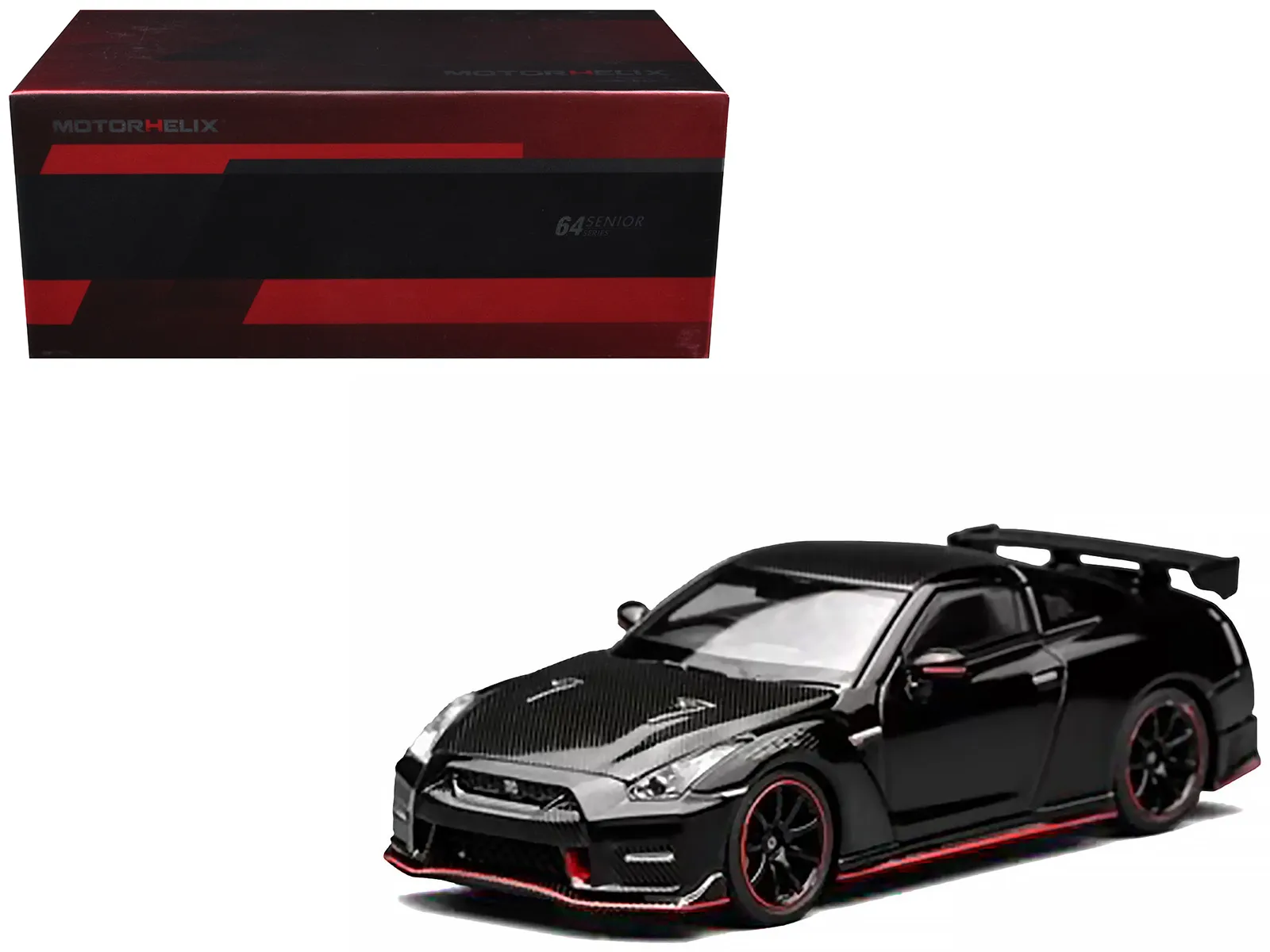 Motorhelix M63524 — 2022 Nissan GT-R Nismo (R35) RHD (Right Hand Drive) Meteor Flake Black Pearl with Carbon Hood and Top "Senior 64" Series 1/64 Diecast Model Car by MotorHelix