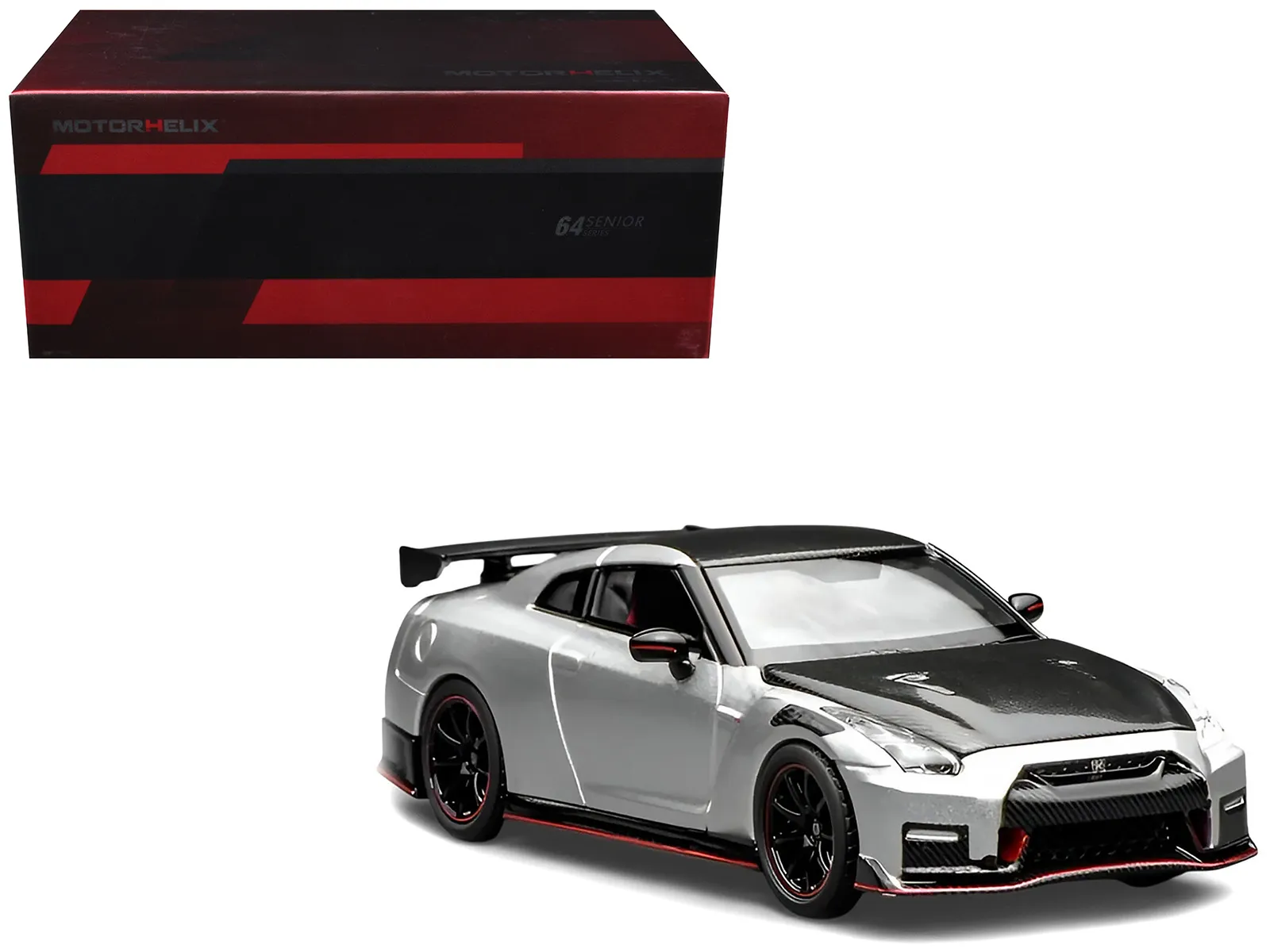 Motorhelix M63523 — 2022 Nissan GT-R Nismo (R35) RHD (Right Hand Drive) Ultimate Metal Silver Metallic with Carbon Hood and Top "Senior 64" Series 1/64 Diecast Model Car by MotorHelix