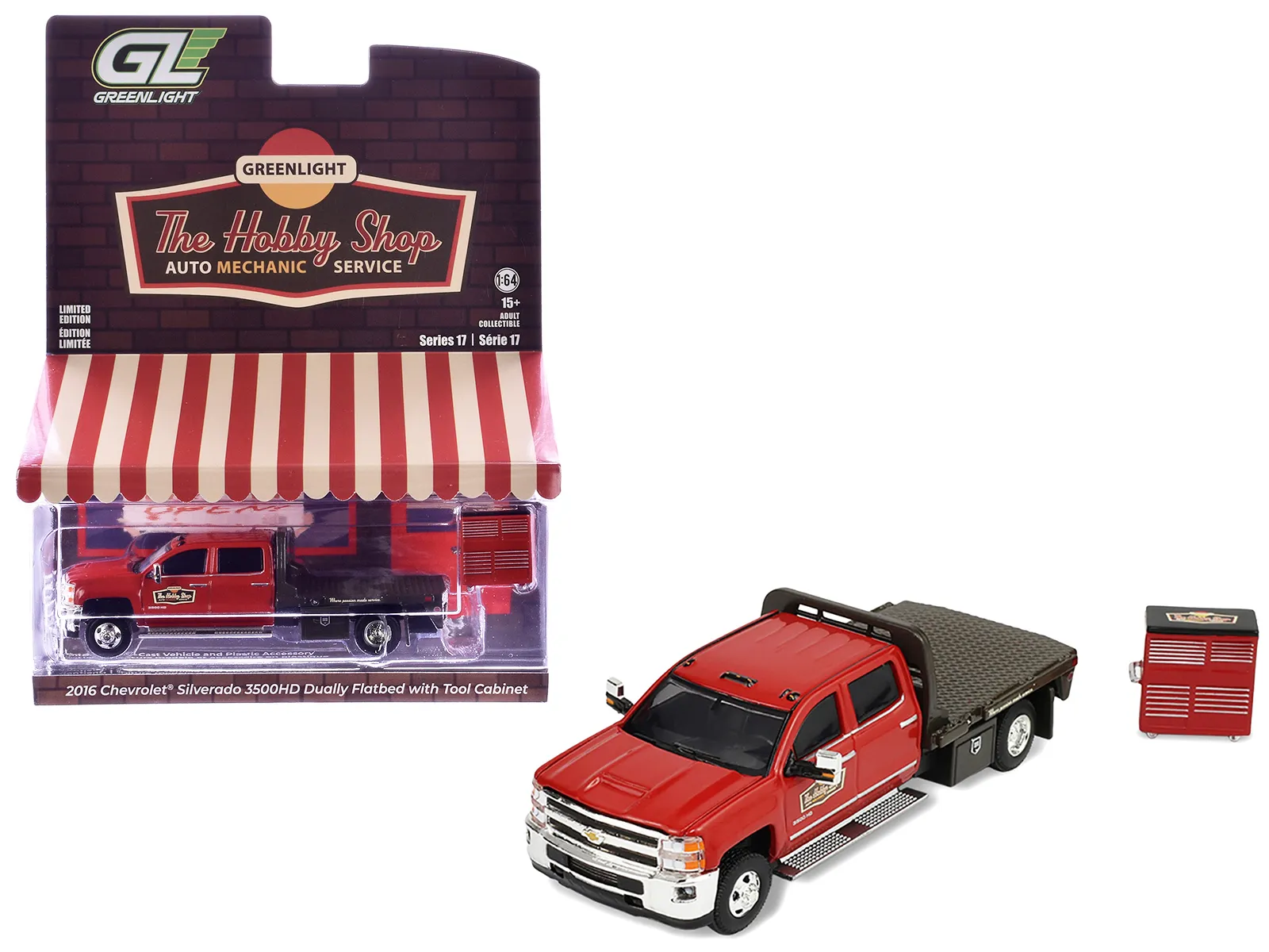 Greenlight 97170D — 2016 Chevrolet Silverado 3500HD Dually Flatbed Truck "Hobby Shop Auto Mechanic" Red with Tool Cabinet "The Hobby Shop" Series 17 1/64 Diecast Model Car by Greenlight