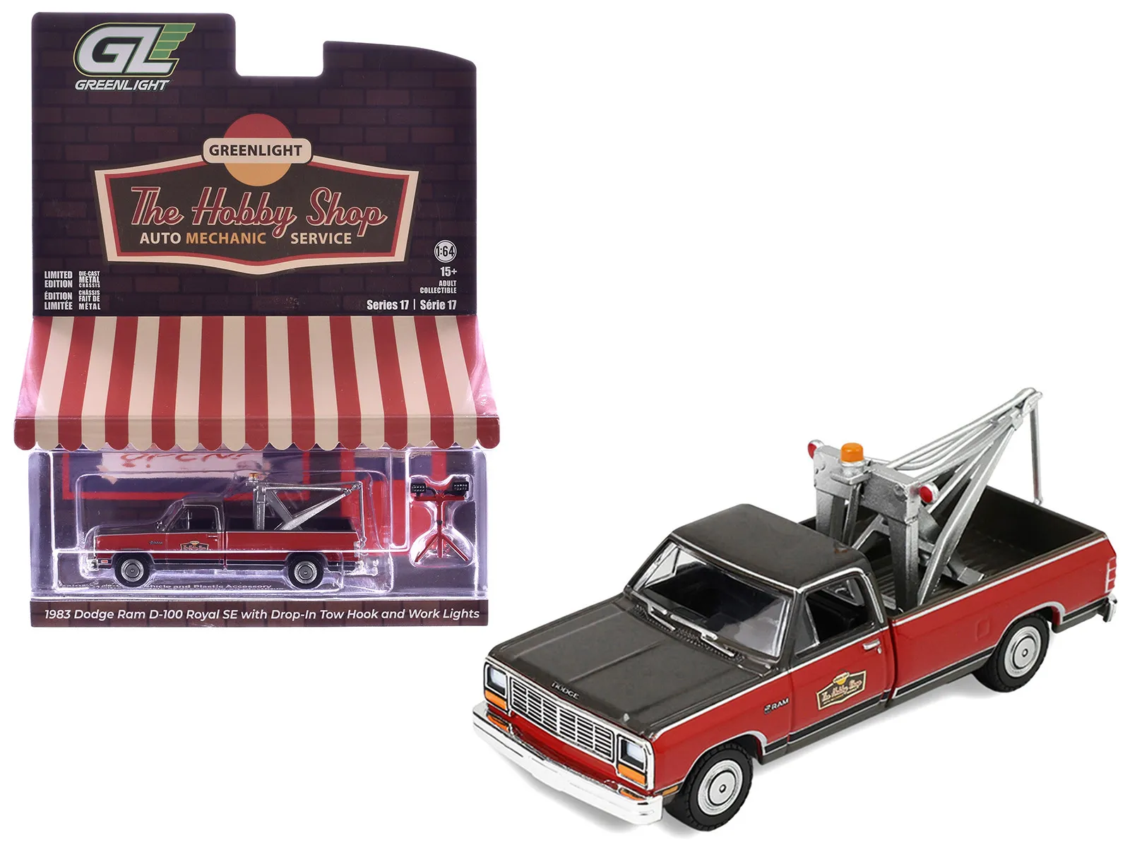 Greenlight 97170B — 1983 Dodge Ram D-100 Royal SE Tow Truck with Drop-In Tow Hook "Hobby Shop Auto Mechanic" Brown and Red with Work Lights "The Hobby Shop" Series 17 1/64 Diecast Model Car by Greenlight