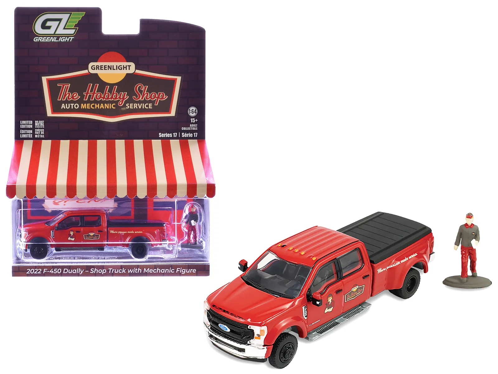 Greenlight 97170F — 2022 Ford F-450 Dually Pickup Truck "Hobby Shop Auto Mechanic" Red with Mechanic Figure "The Hobby Shop" Series 17 1/64 Diecast Model Car by Greenlight