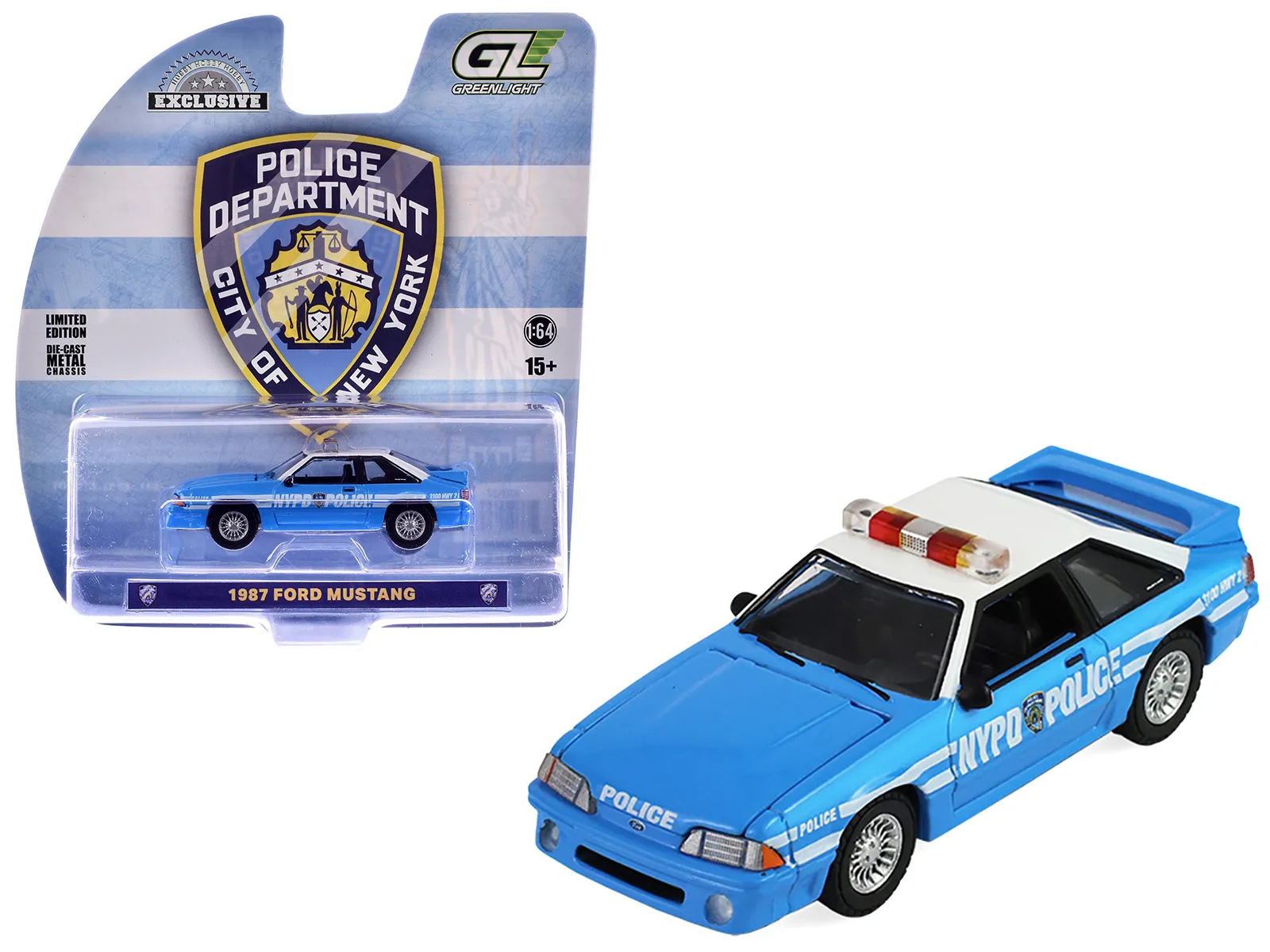Greenlight GL30527 — 1987 Ford Mustang "York City Police Department (NYPD)" Blue with White Top "Hobby Exclusive" Series 1/64 Diecast Model Car by Greenlight