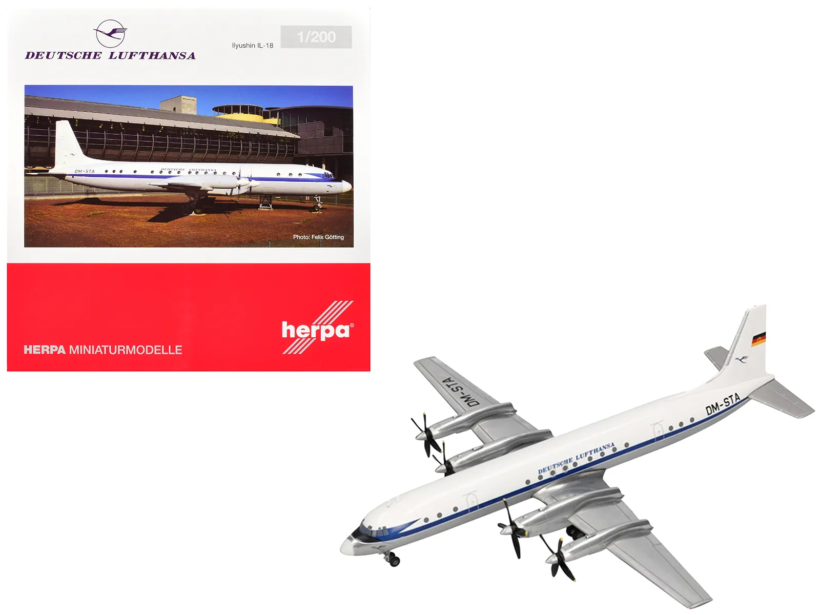 Herpa HE573689 — Ilyushin IL-18 Commercial Aircraft "Deutsche Lufthansa" (DM-STA) White with Blue Stripes 1/200 Diecast Model by Herpa