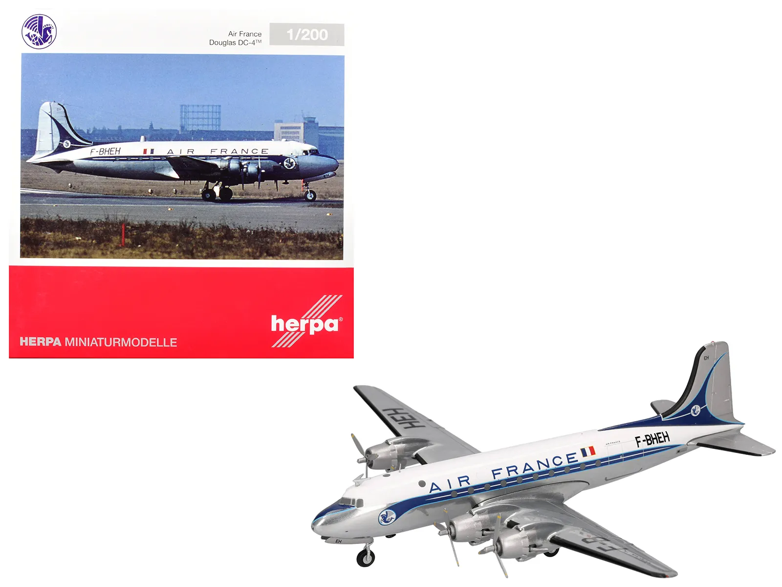 Herpa HE571104-001 — Douglas DC-4 Commercial Aircraft "Air France" (F-BHEH) White with Blue Stripes 1/200 Diecast Model by Herpa
