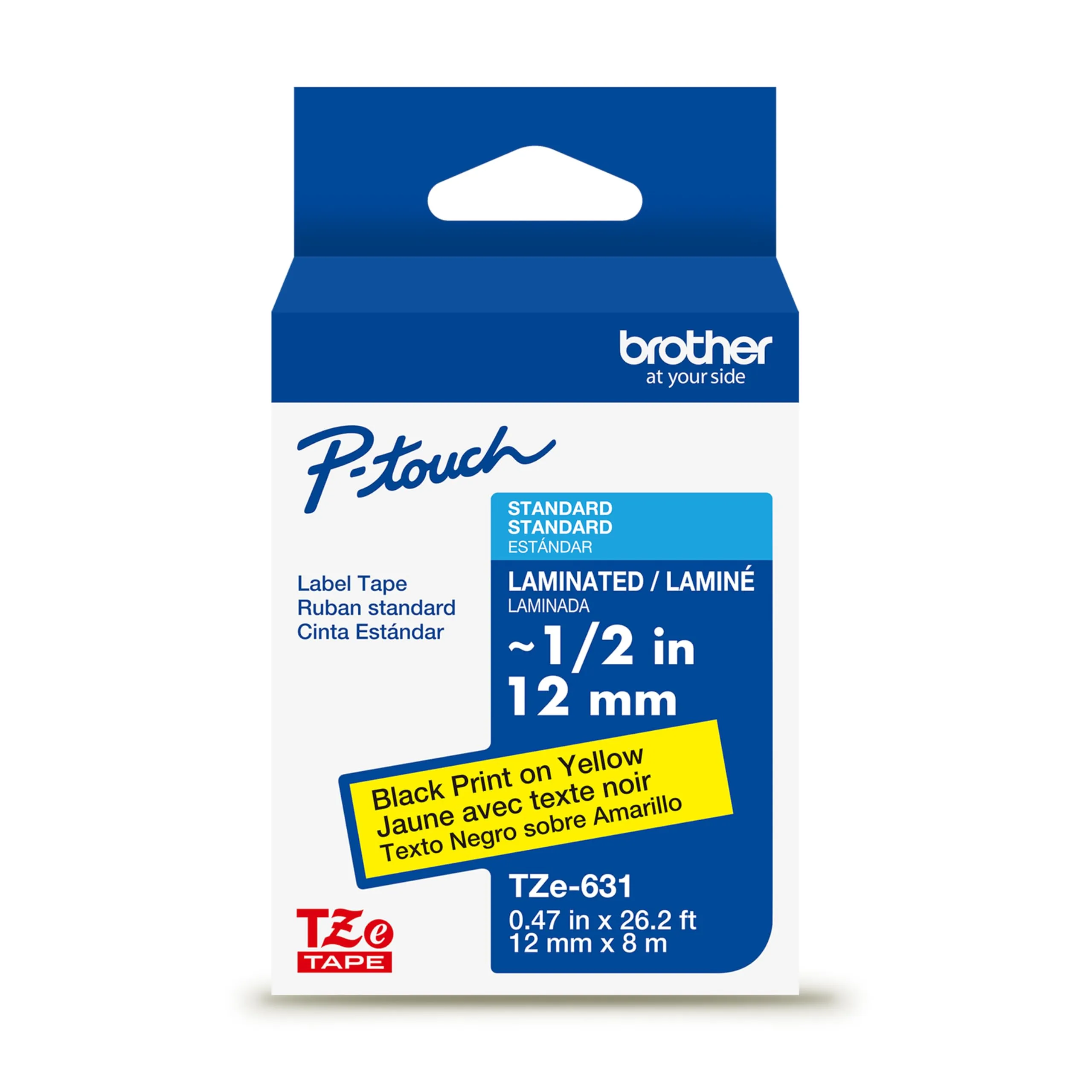 Brother TZE631 — Brother 12mm (1/2") Black on Yellow Laminated Tape (8m/26.2') (1/Pkg) For use in TZ P-Touch: All TZ Machines
