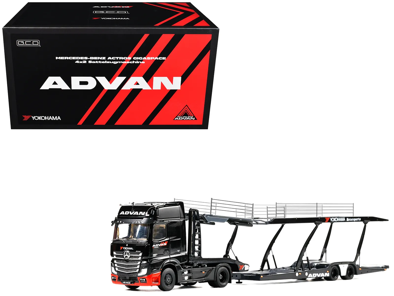 GCD KS-069-618 — Mercedes-Benz Actros Gigaspace Auto Transporter "ADVAN Yokohama" Black 1/64 Diecast Model by GCD