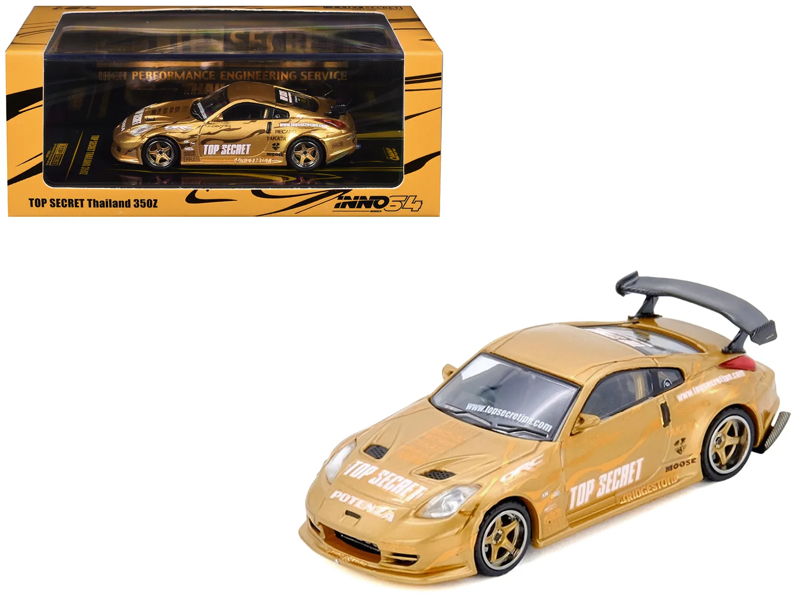 Inno Models IN64-350ZTST-TSTOS — Nissan "Top Secret Thailand" 350Z RHD (Right Hand Drive) Gold Metallic with Graphics 1/64 Diecast Model Car by Inno Models