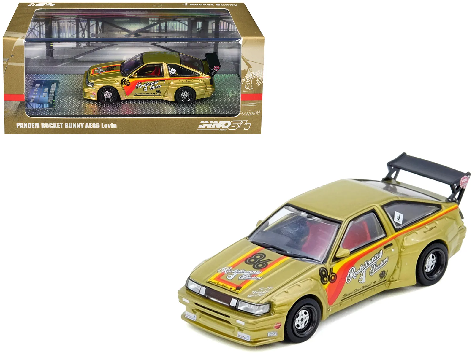 Inno Models IN64-AE86P-GLD — Toyota Levin (AE86) RHD (Right Hand Drive) #86 "Pandem Rocket Bunny" Gold Metallic with Stripes 1/64 Diecast Model Car by Inno Models