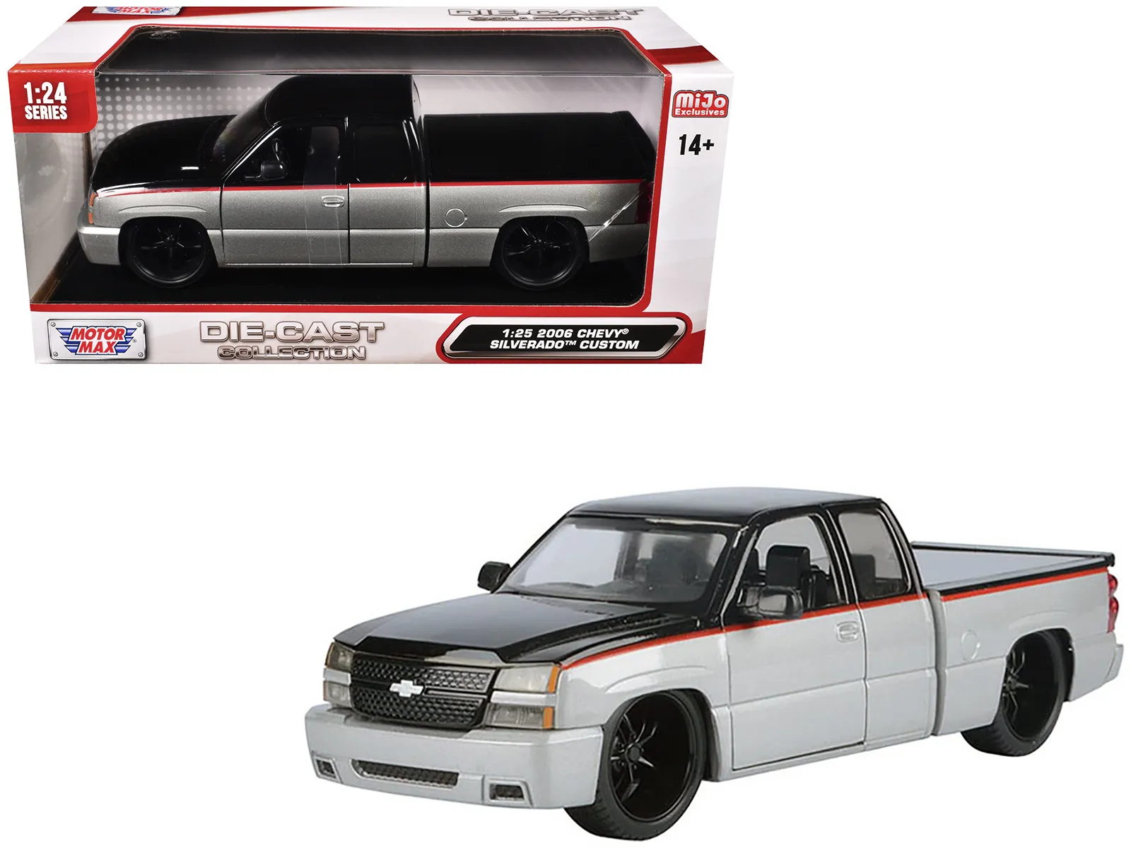 Motormax 79039-SLBK — 2006 Chevrolet Silverado Custom Pickup Truck Silver Metallic and Black with Red Stripes "Die-Cast Collection" Series 1/25 Diecast Model Car by Motormax