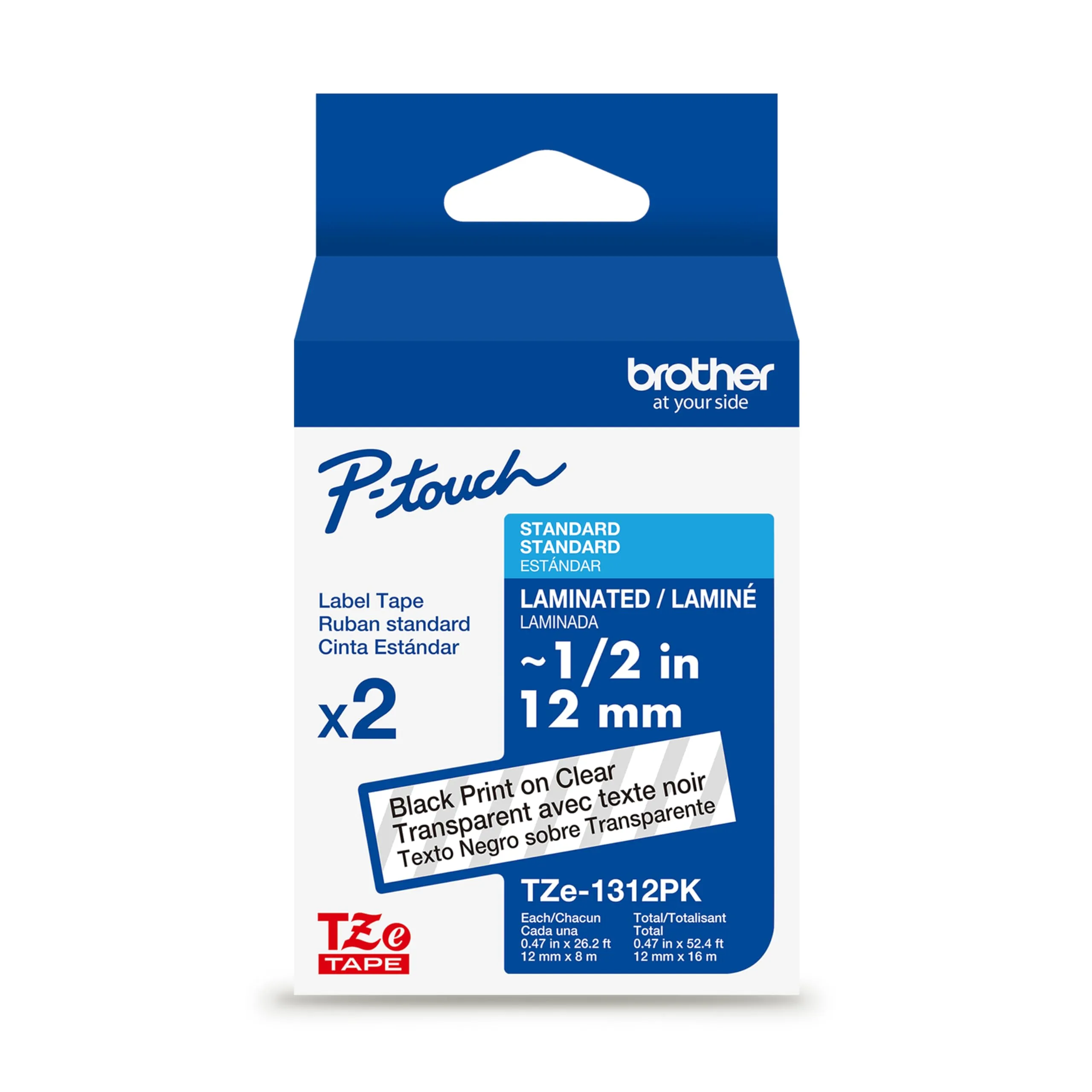Brother BRT TZE1312PK — P-touch 1/2" Black/Clear Laminated TZe Tape Value Pack - 1/2" Width - Black, Clear - Laminated - Water Resistant - 2 / Pack
