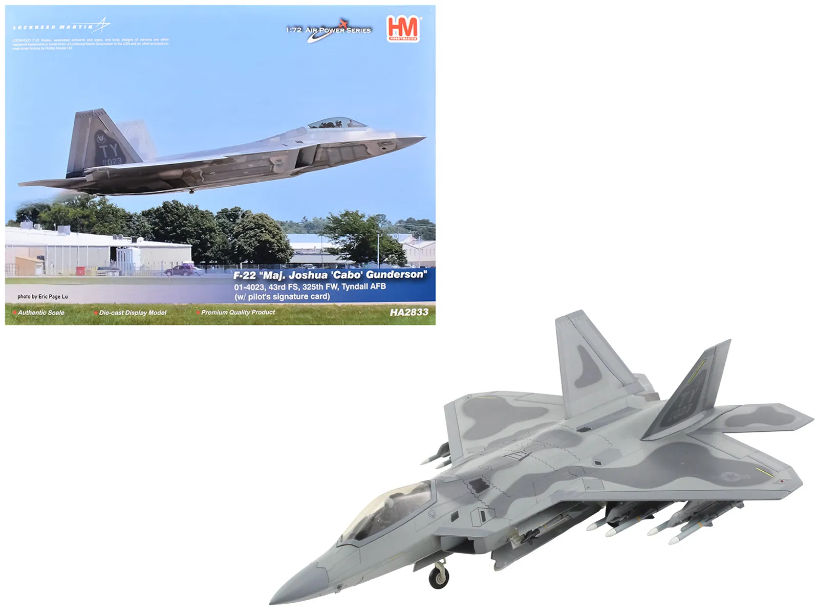 Hobby Master HA2833 — Lockheed F-22 Raptor Stealth Aircraft "01-4023 Major Joshua 'Cabo' Gunderson 43rd FS 325th FW Tyndall AFB" United States Air Force "Air Power Series" 1/72 Diecast Model by Hobby Master