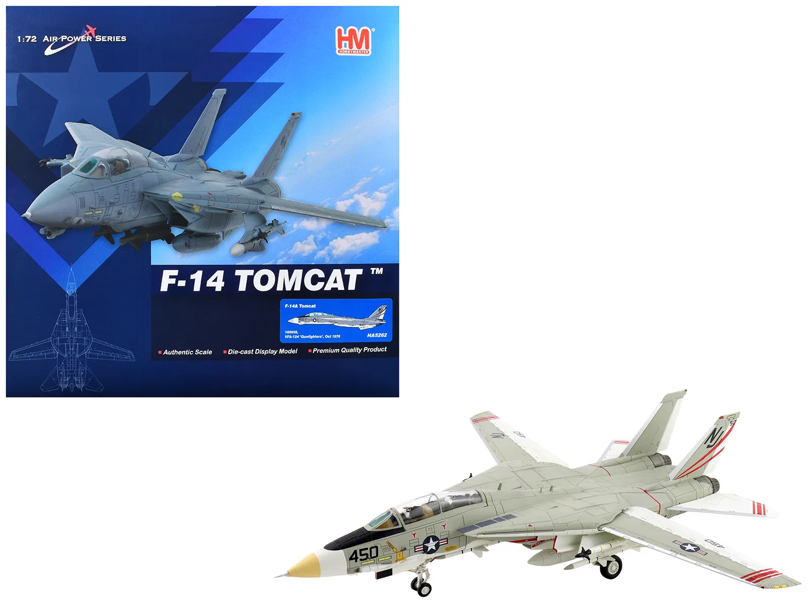 Hobby Master HA5262 — Grumman F-14A Tomcat Fighter Aircraft "VFA-124 Gunfighters" (1978) United States Navy "Air Power Series" 1/72 Diecast Model by Hobby Master