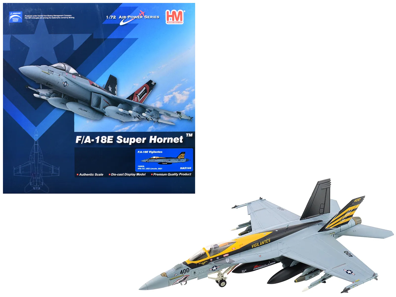 Hobby Master HA5144 — Boeing F/A-18E Super Hornet Fighter Aircraft "166828 VFA-151 Vigilantes USS Lincoln" (2021) United States Navy "Air Power Series" 1/72 Diecast Model by Hobby Master