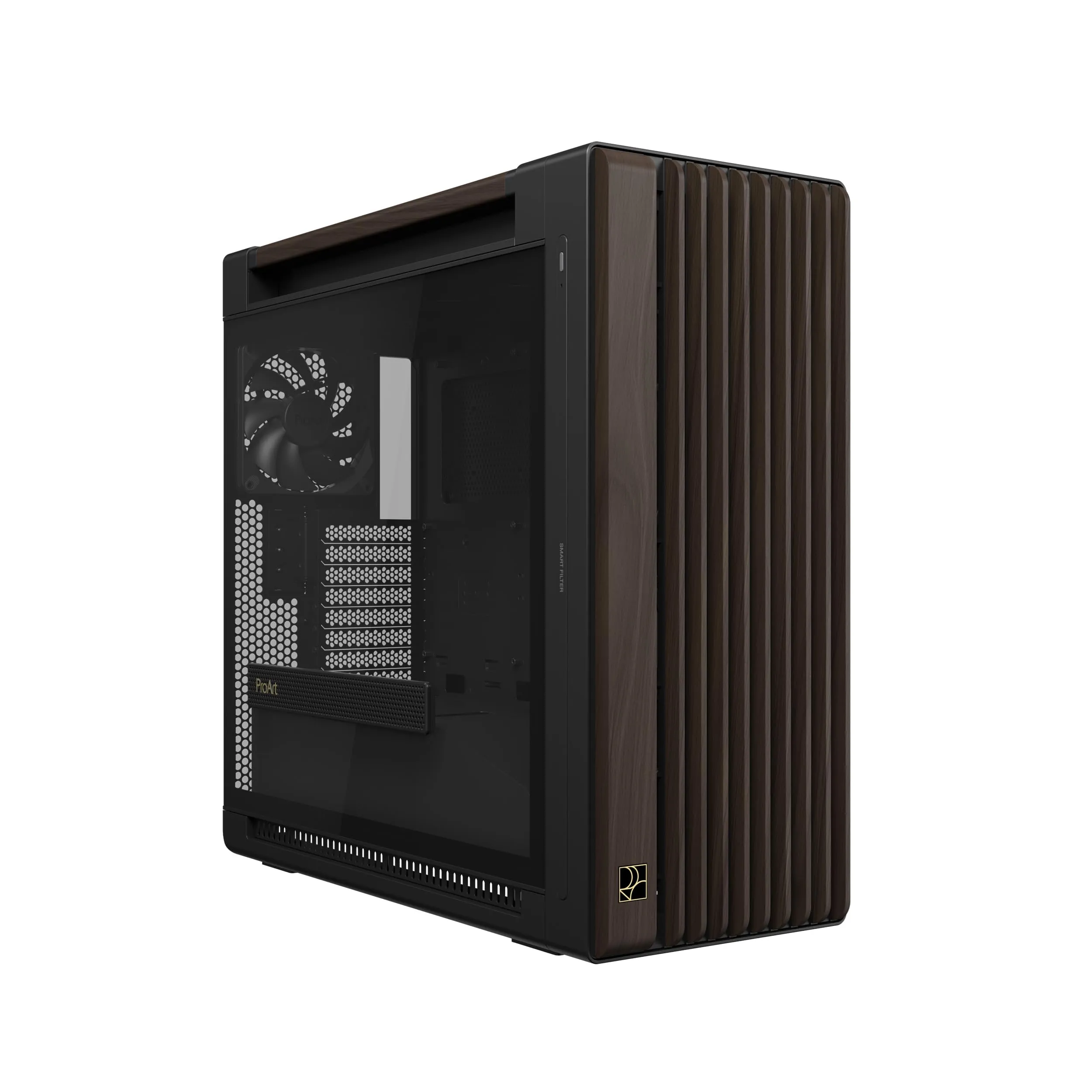 ASUS PROART PA602 WALNUT WOOD TGPWM BLACK — ASUS ProArt PA602 Wood Edition Modern Black E-ATX PC Case with Tempered Glass, Front Panel IR dust Indicator, Power Lock, 440 mm GPU Support, 420 mm Radiator & 3 Pre-Installed Fans, PROART PA602 WALNUT WOOD TGPWM BLACK | SKU PA602-WWBK