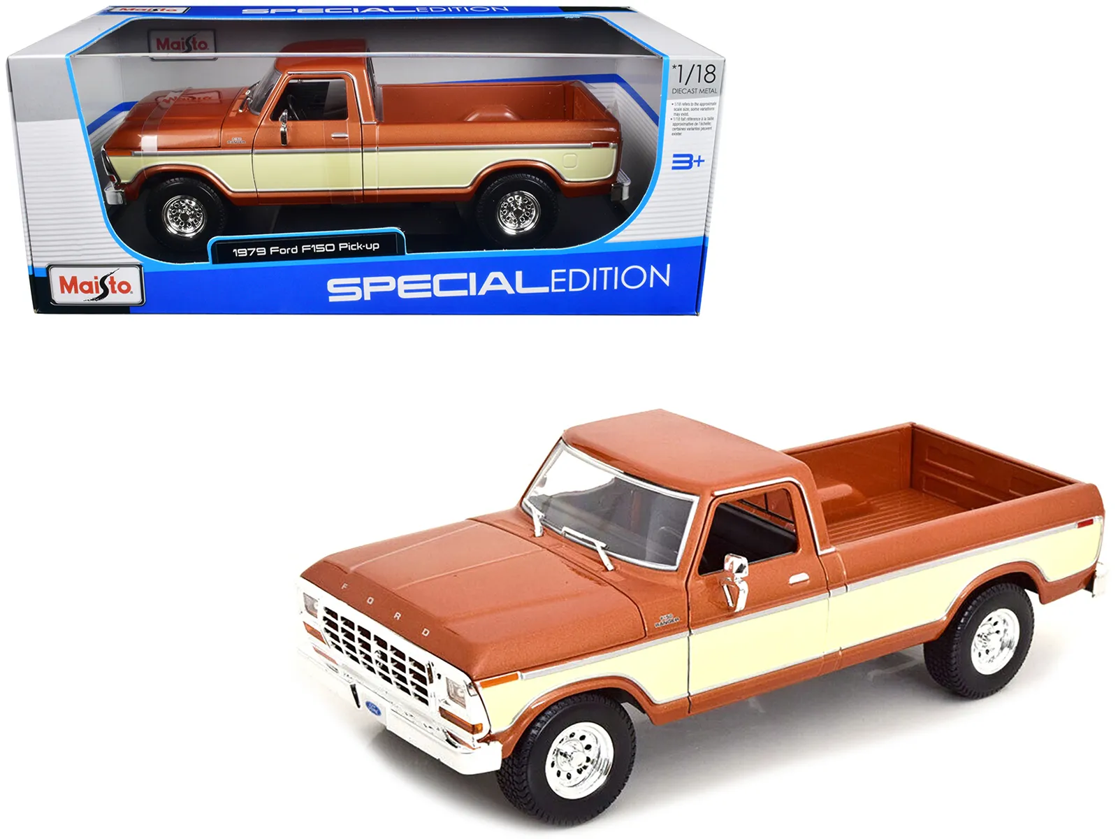 Maisto 31462BRN — 1979 Ford F-150 Ranger Pickup Truck Brown Metallic and Cream "Special Edition" 1/18 Diecast Model Car by Maisto