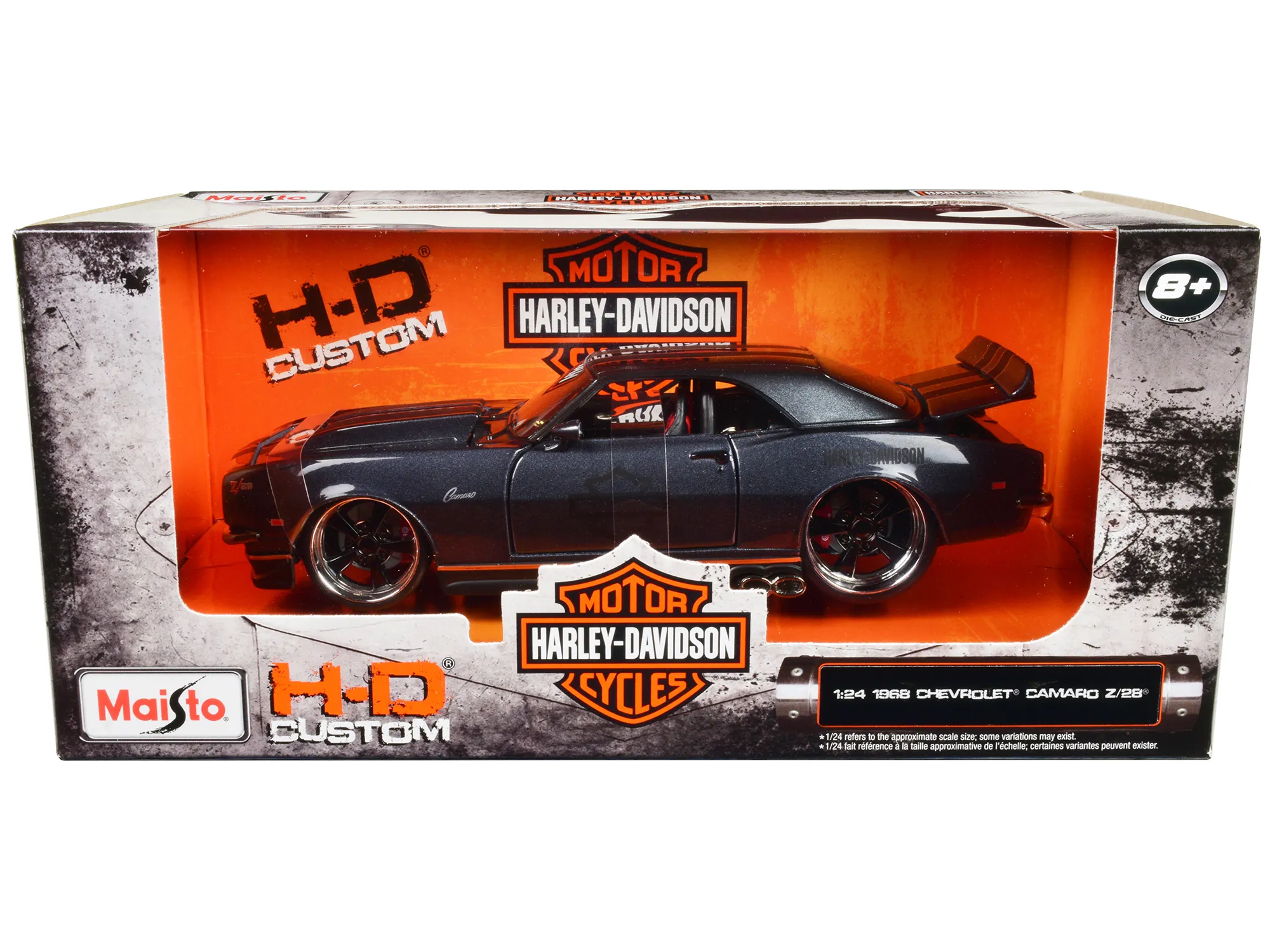 Maisto MA32273 — 1968 Chevrolet Camaro Z/28 Dark Gray Metallic with Black and Orange Stripes "Harley Davidson" "H-D Custom" 1/24 Diecast Model Car by Maisto