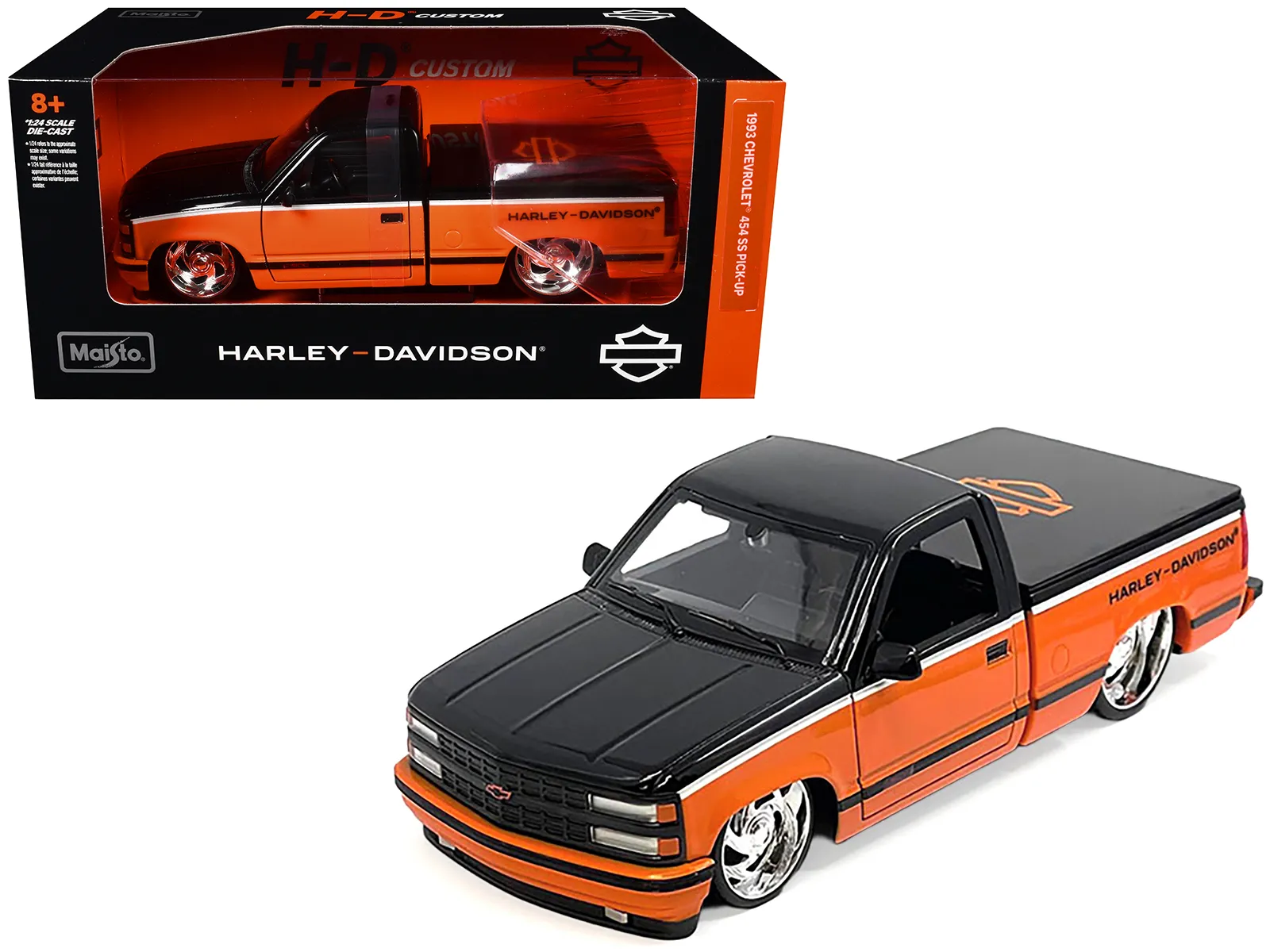 Maisto 32274OR — 1993 Chevrolet 454 SS Pickup Truck "Harley Davidson" Black and Orange "H-D Custom" Series 1/24 Diecast Model Car by Maisto